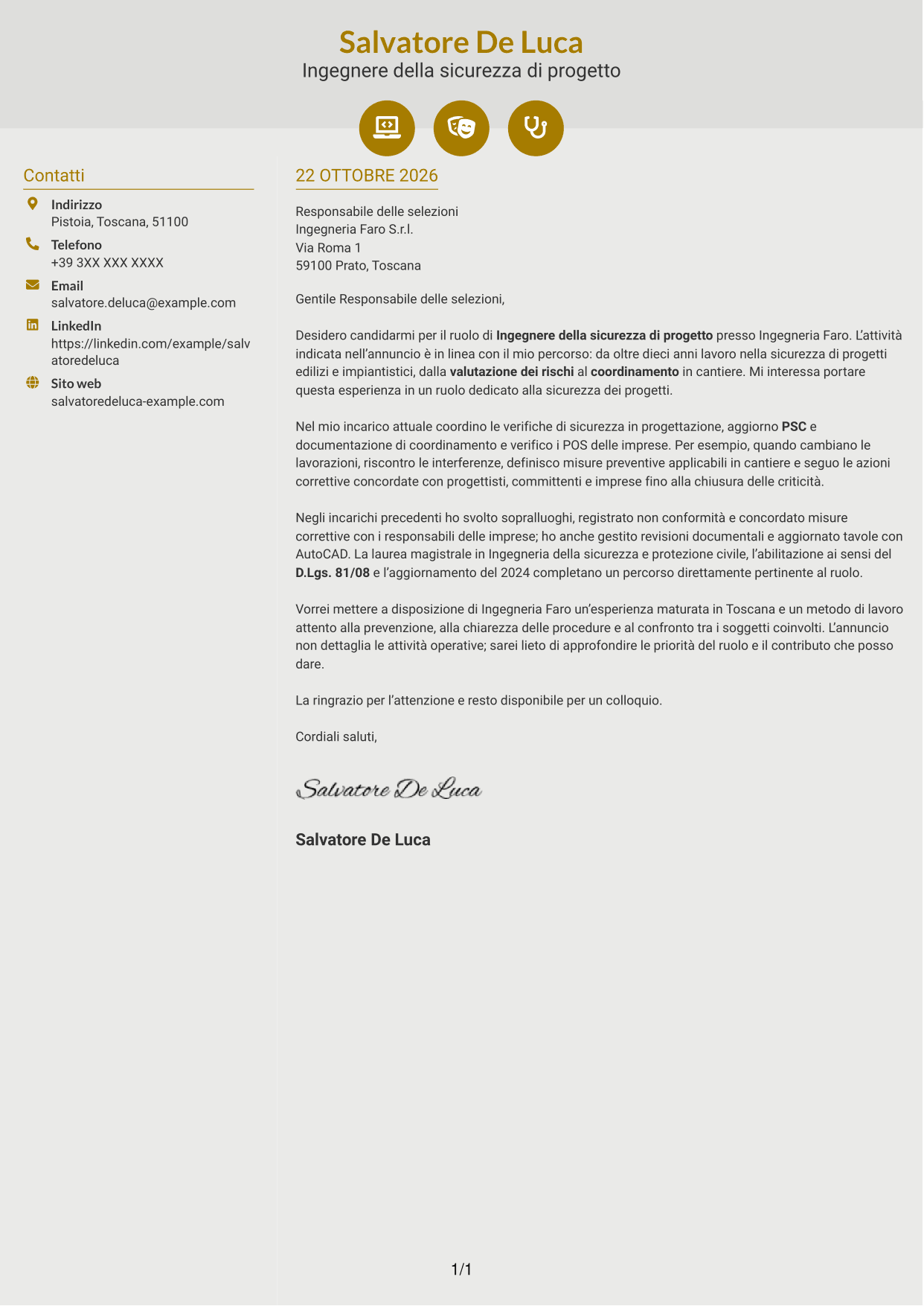 Lettera di presentazione Dinamico (formato a due colonne con icone): Ingegnere della sicurezza di progetto, pagina 1