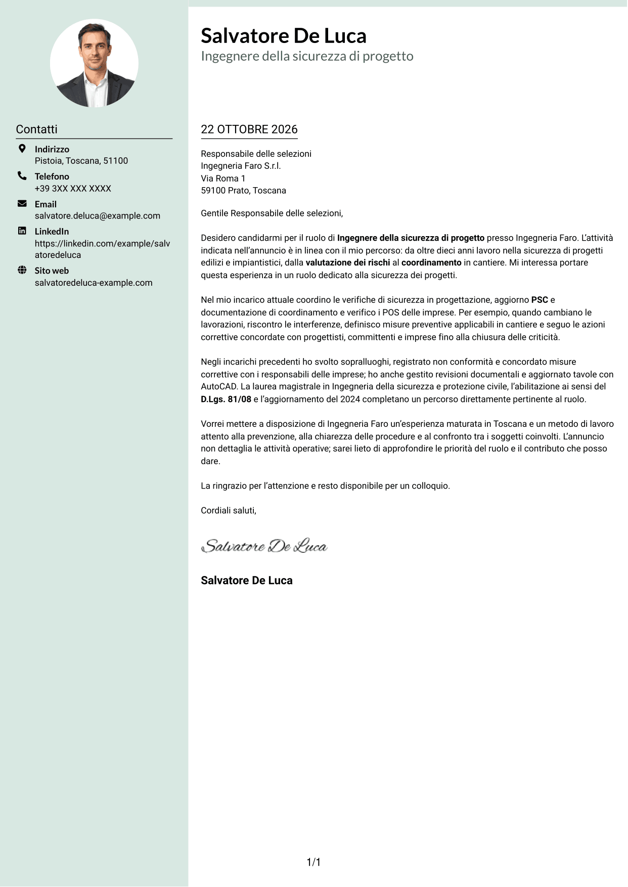 Lettera di presentazione Dirigente (formato con colonna laterale tenue e foto arrotondata): Ingegnere della sicurezza di progetto, pagina 1