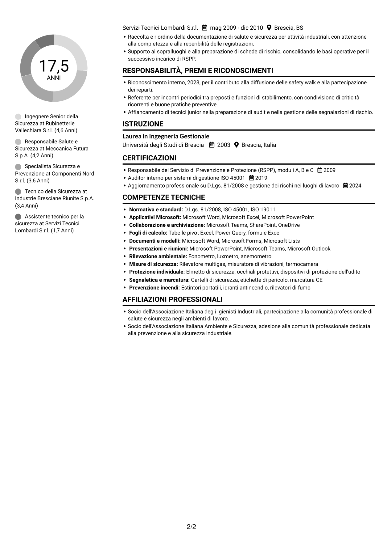 CV Compatto (formato sobrio a due colonne con foto): Ingegnere della Sicurezza Senior - Sicurezza Industriale, pagina 2