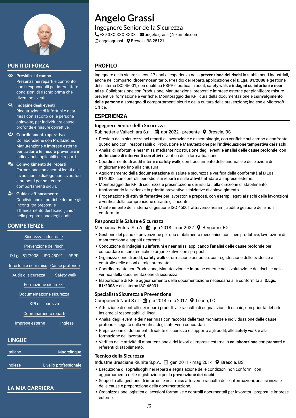 CV Elegante (formato con colonna laterale colorata e foto): Ingegnere della Sicurezza Senior - Sicurezza Industriale, pagina 1