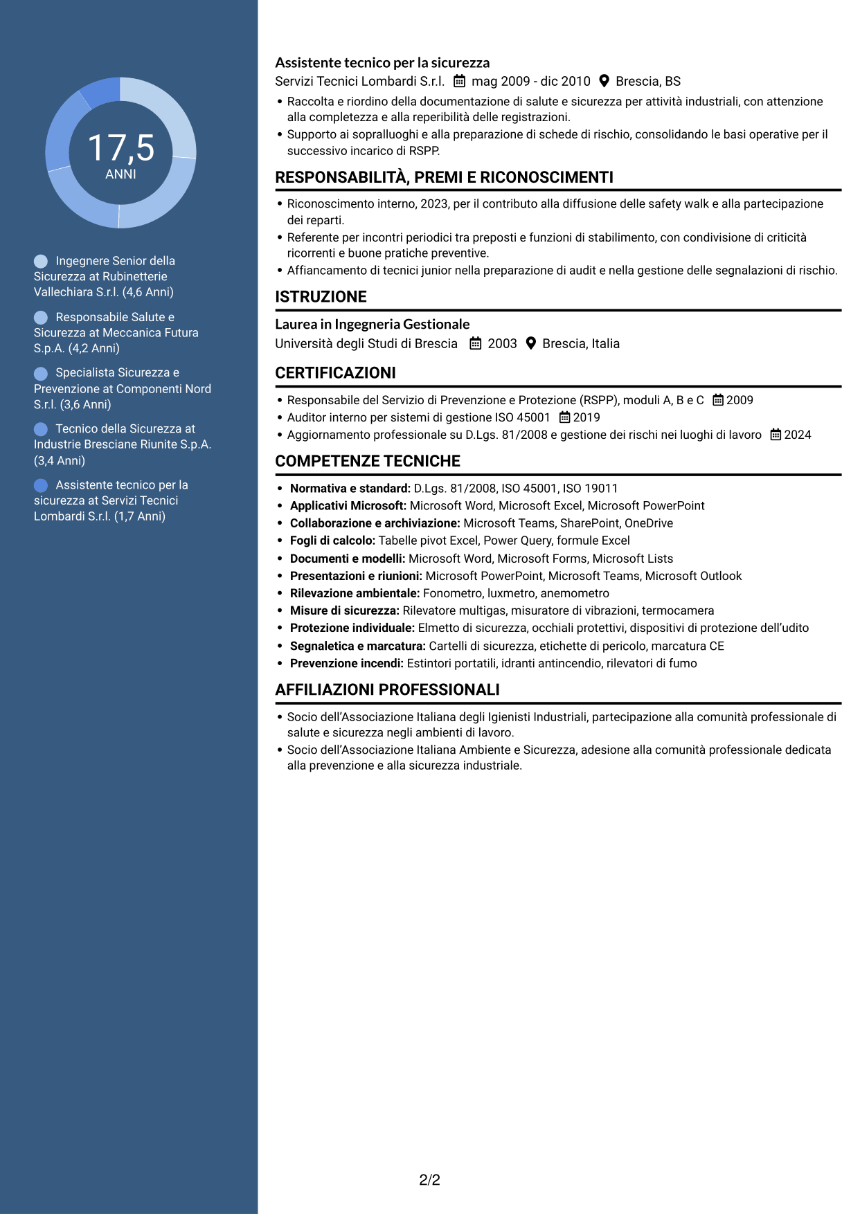 CV Elegante (formato con colonna laterale colorata e foto): Ingegnere della Sicurezza Senior - Sicurezza Industriale, pagina 2