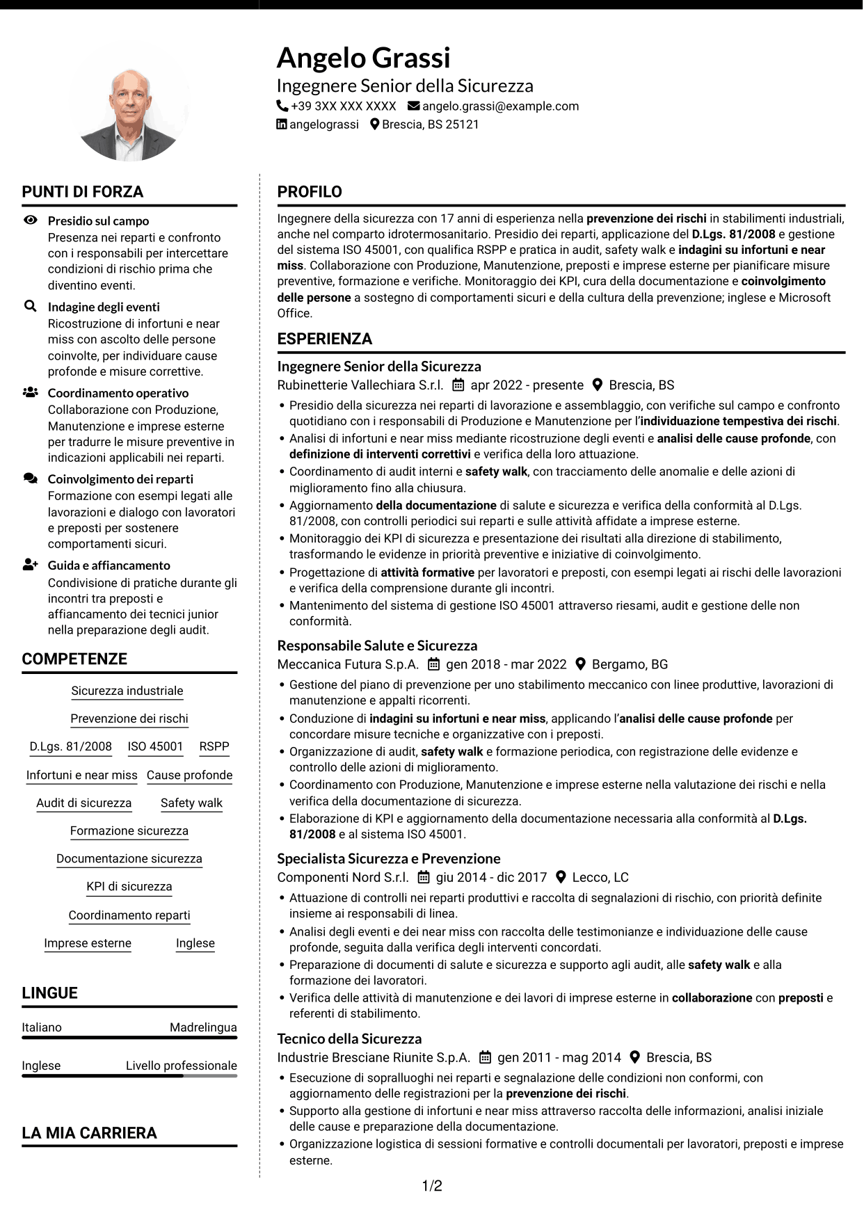 CV Moderno (formato a due colonne con foto a sinistra e separatore): Ingegnere della Sicurezza Senior - Sicurezza Industriale, pagina 1