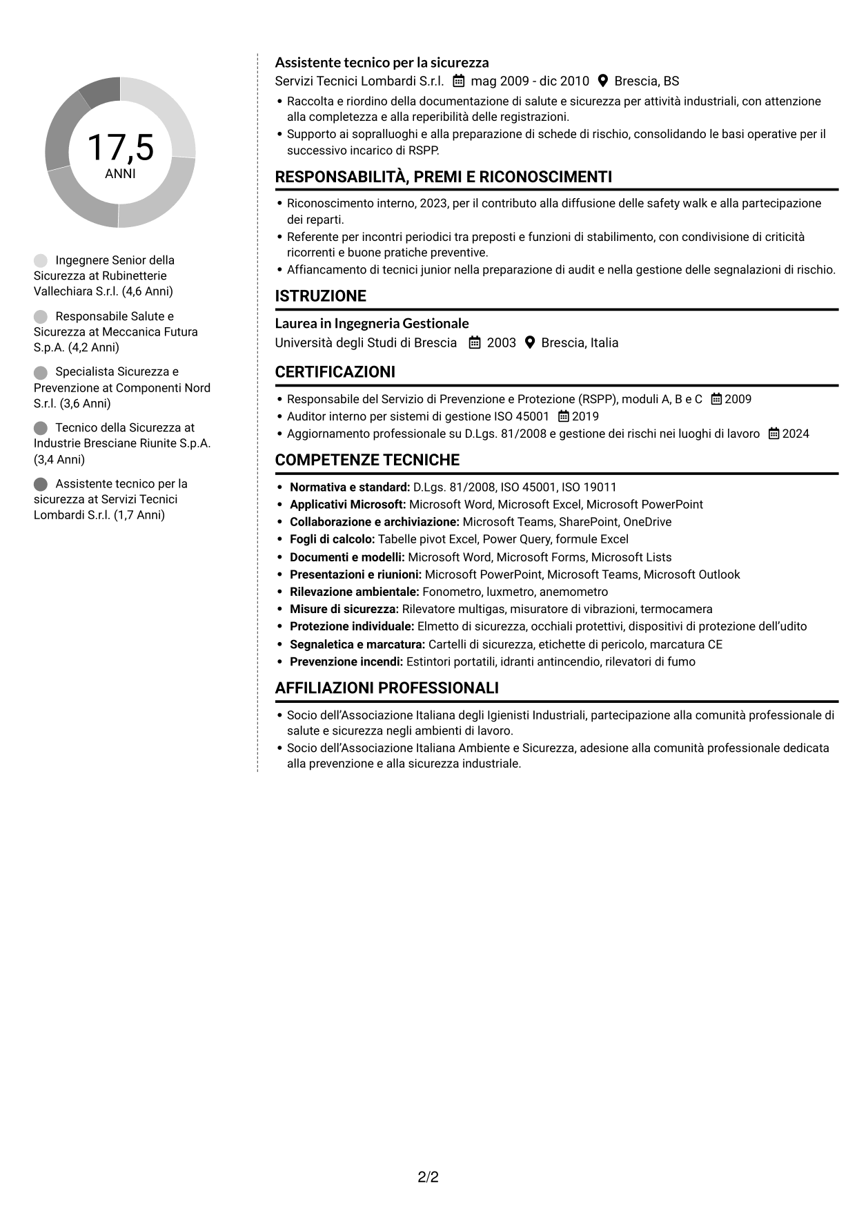 CV Moderno (formato a due colonne con foto a sinistra e separatore): Ingegnere della Sicurezza Senior - Sicurezza Industriale, pagina 2