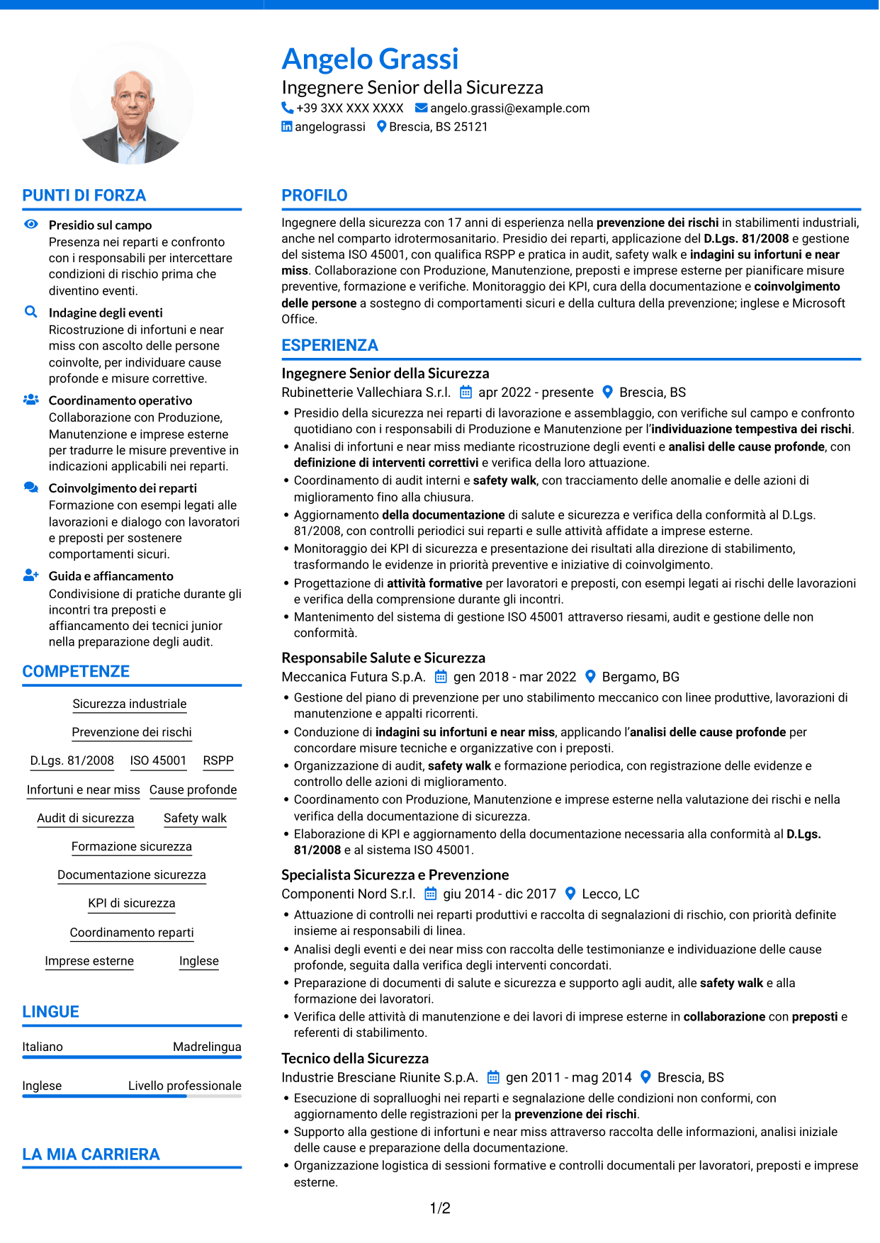 CV Audace (formato a due colonne con accenti colorati e foto): Ingegnere della Sicurezza Senior - Sicurezza Industriale, pagina 1