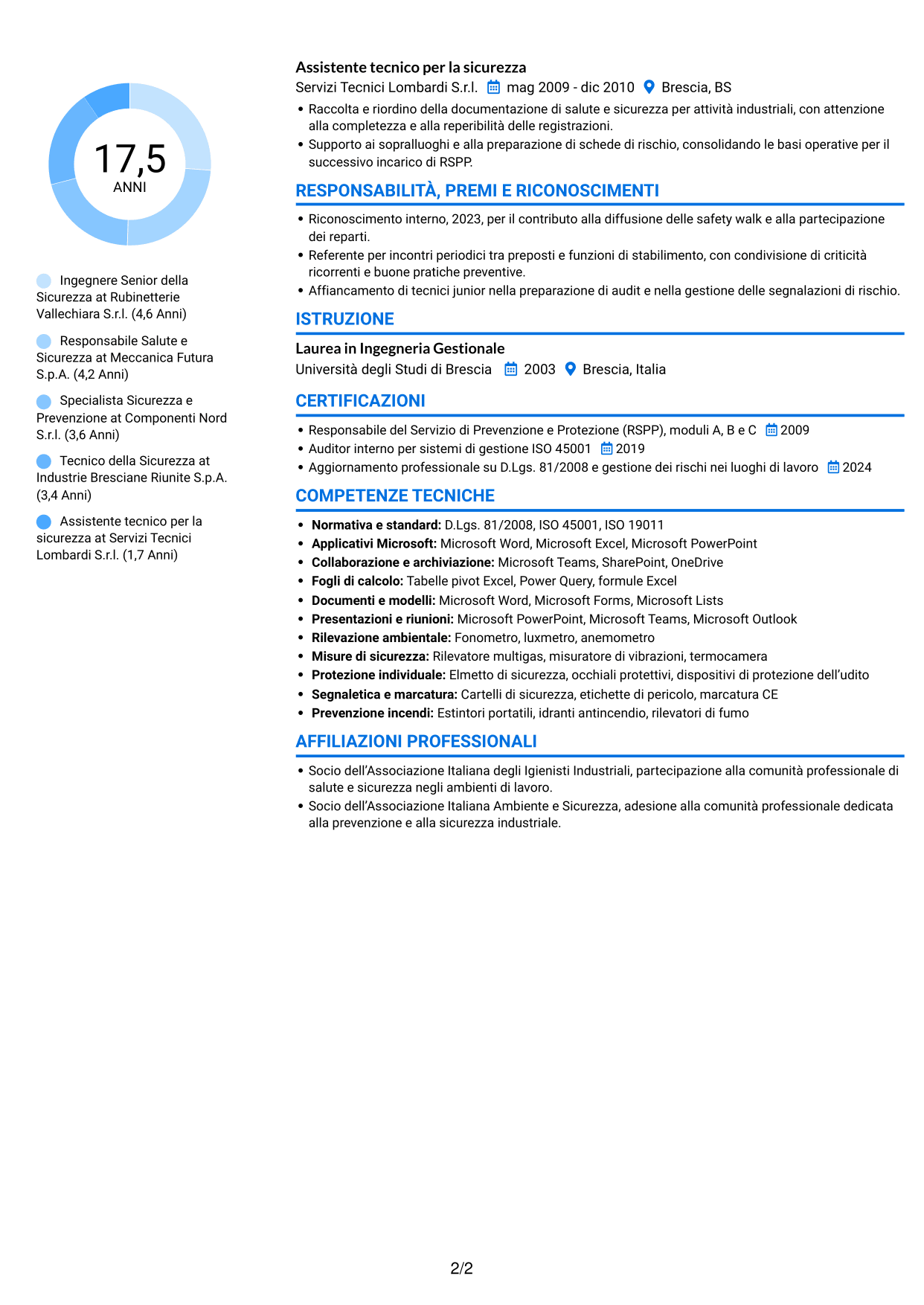 CV Audace (formato a due colonne con accenti colorati e foto): Ingegnere della Sicurezza Senior - Sicurezza Industriale, pagina 2
