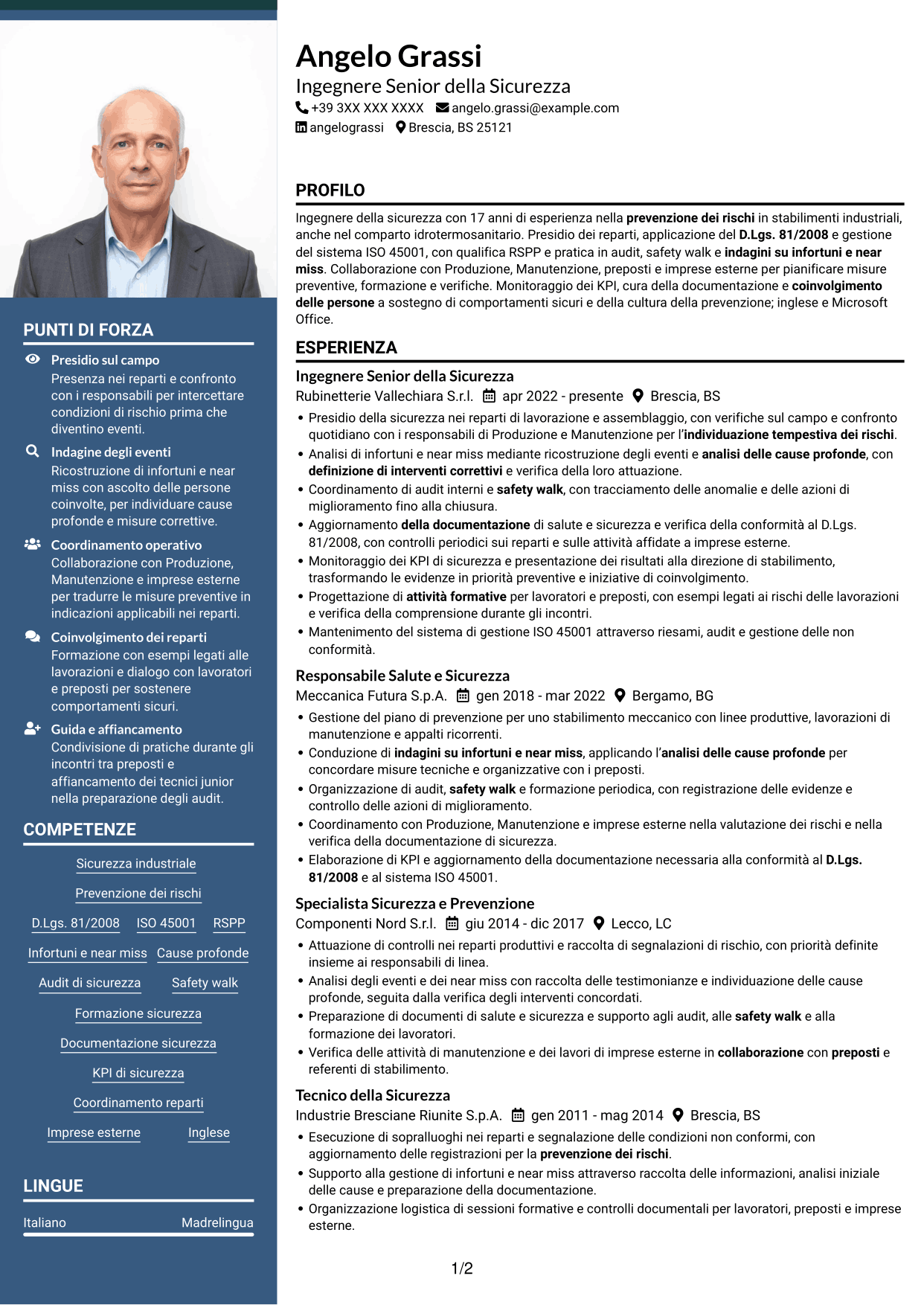 CV Signature (formato con colonna laterale colorata e foto grande): Ingegnere della Sicurezza Senior - Sicurezza Industriale, pagina 1