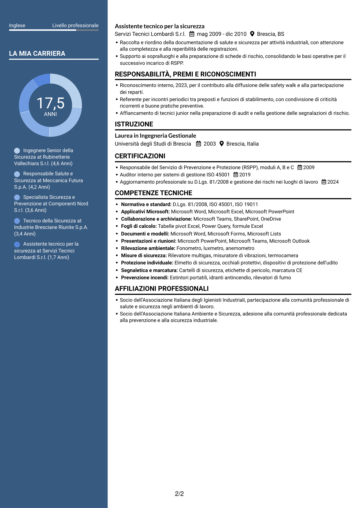 CV Signature (formato con colonna laterale colorata e foto grande): Ingegnere della Sicurezza Senior - Sicurezza Industriale, pagina 2