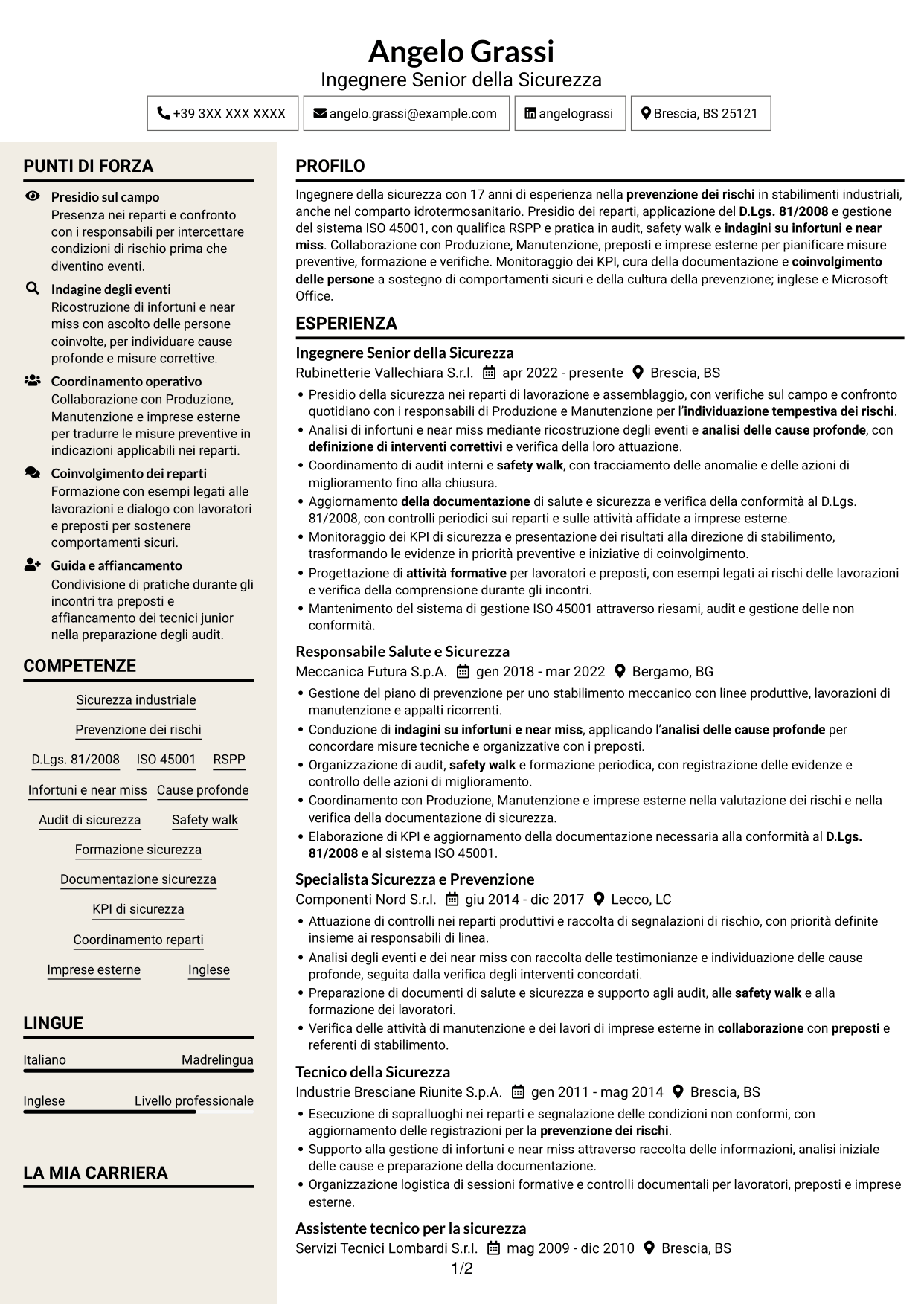 CV Intraprendente (formato a due colonne con intestazione centrata senza foto): Ingegnere della Sicurezza Senior - Sicurezza Industriale, pagina 1