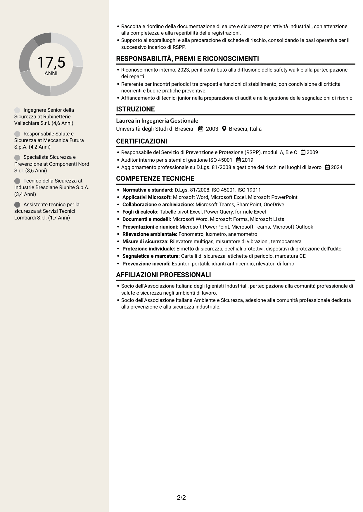 CV Intraprendente (formato a due colonne con intestazione centrata senza foto): Ingegnere della Sicurezza Senior - Sicurezza Industriale, pagina 2