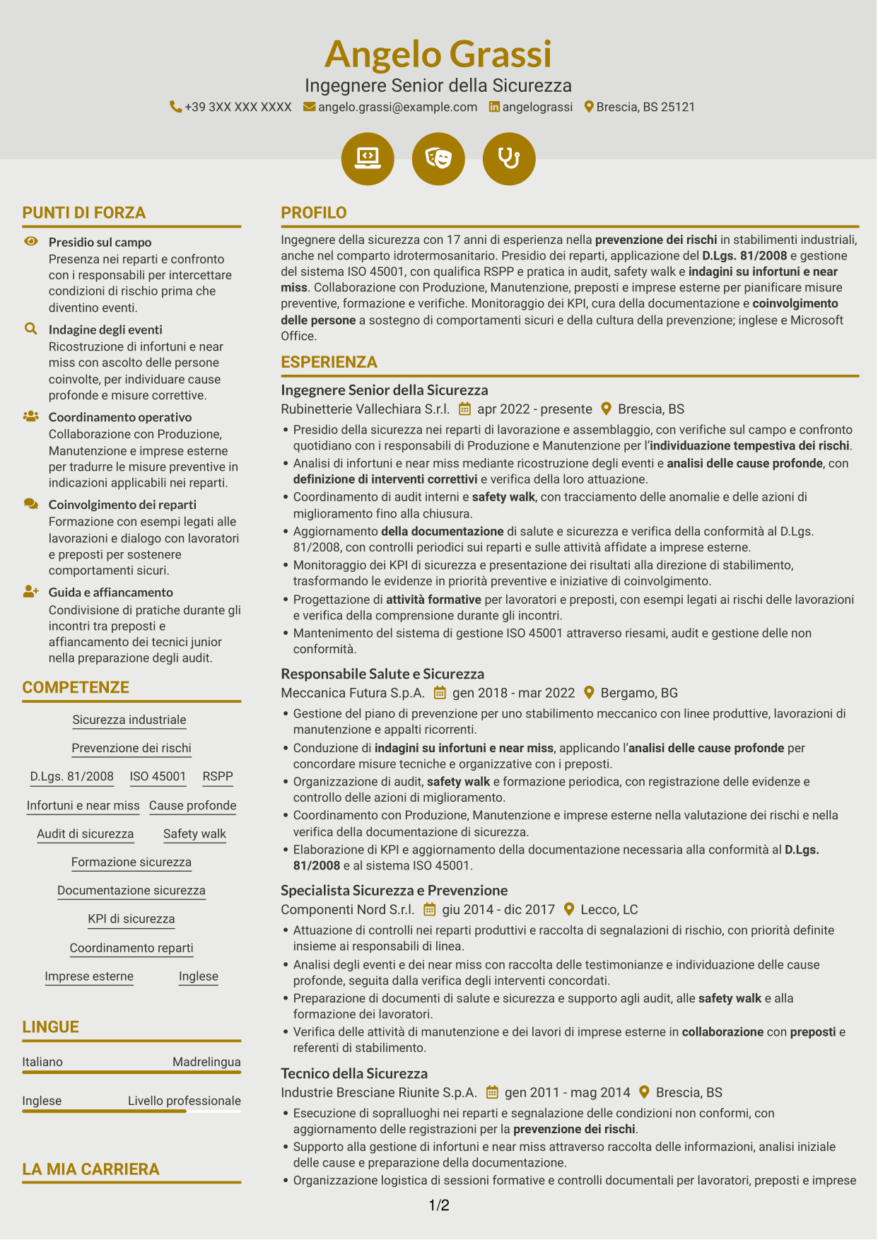 CV Dinamico (formato a due colonne con icone): Ingegnere della Sicurezza Senior - Sicurezza Industriale, pagina 1