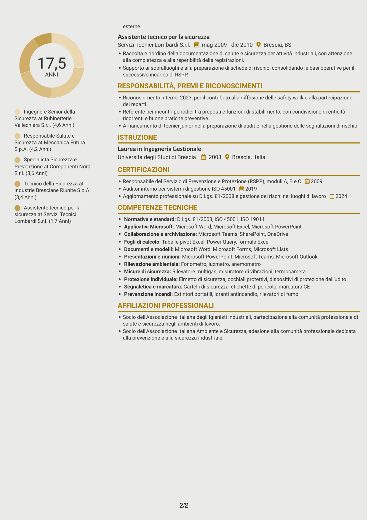 CV Dinamico (formato a due colonne con icone): Ingegnere della Sicurezza Senior - Sicurezza Industriale, pagina 2