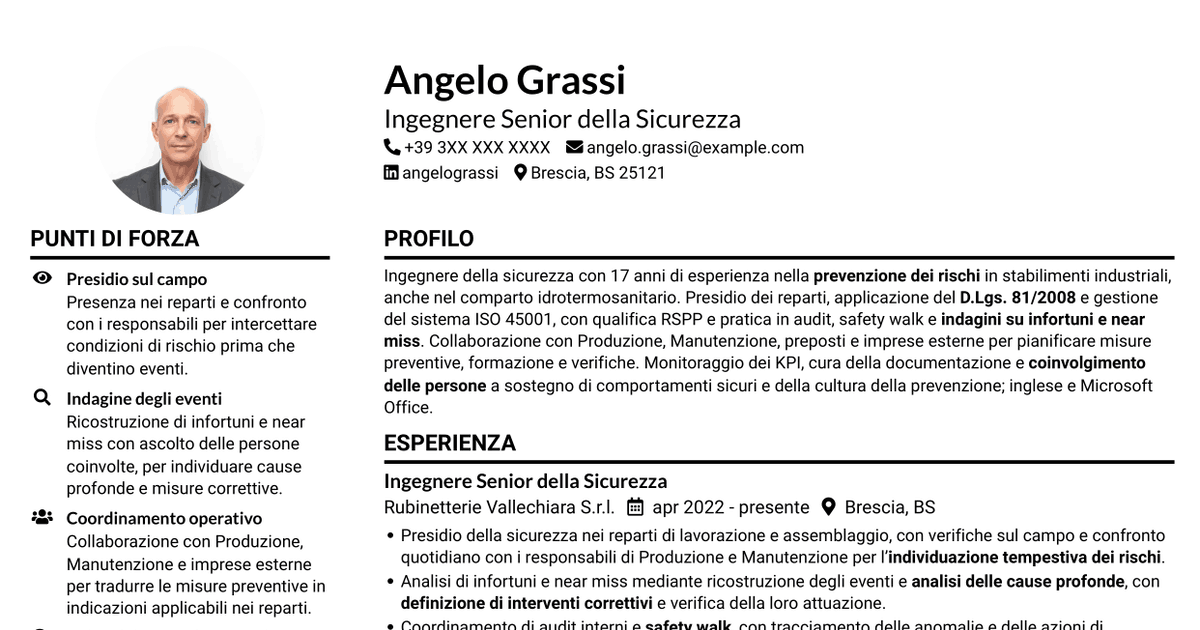 7 modelli di CV per Ingegnere della Sicurezza Senior - Sicurezza Industriale, con esempi