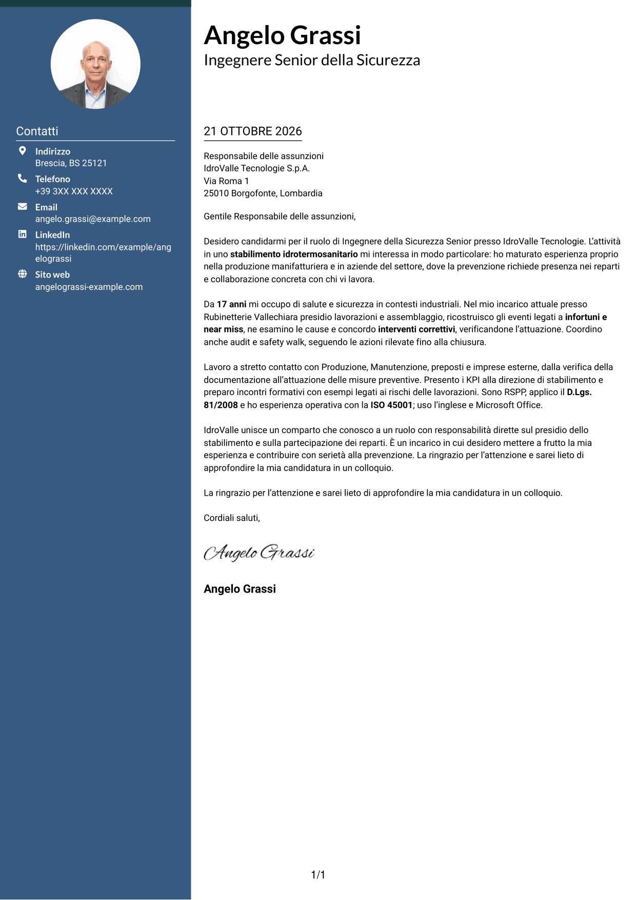 Lettera di presentazione Elegante (formato con colonna laterale colorata e foto): Ingegnere della Sicurezza Senior - Sicurezza Industriale, pagina 1