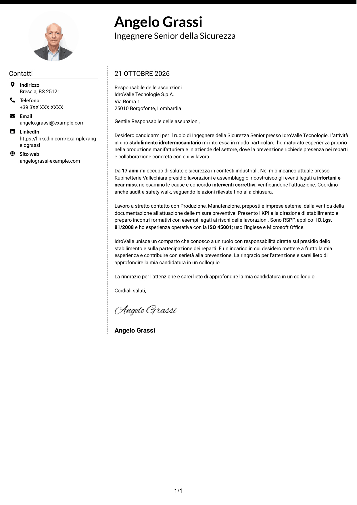Lettera di presentazione Moderno (formato a due colonne con foto a sinistra e separatore): Ingegnere della Sicurezza Senior - Sicurezza Industriale, pagina 1