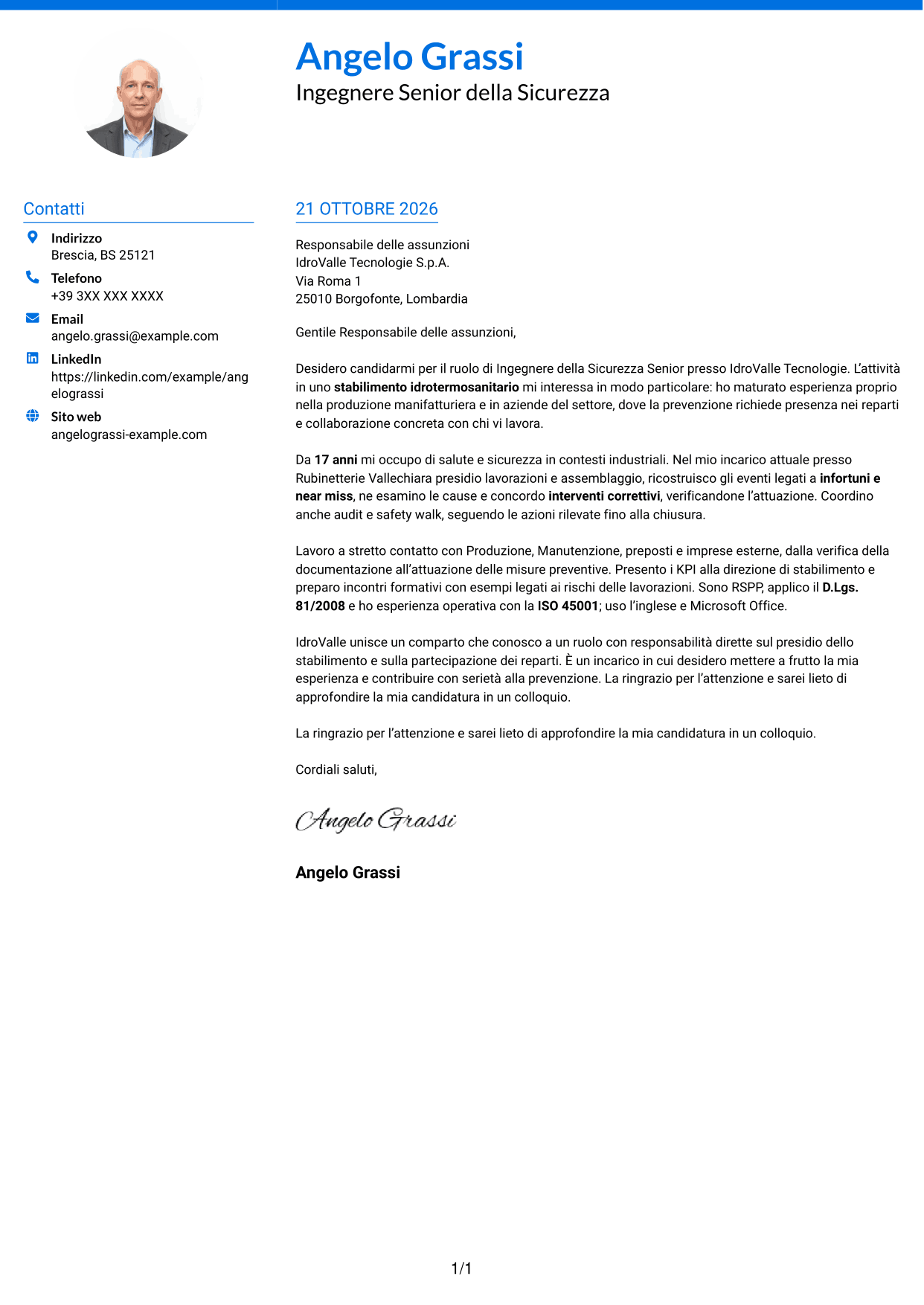 Lettera di presentazione Audace (formato a due colonne con accenti colorati e foto): Ingegnere della Sicurezza Senior - Sicurezza Industriale, pagina 1