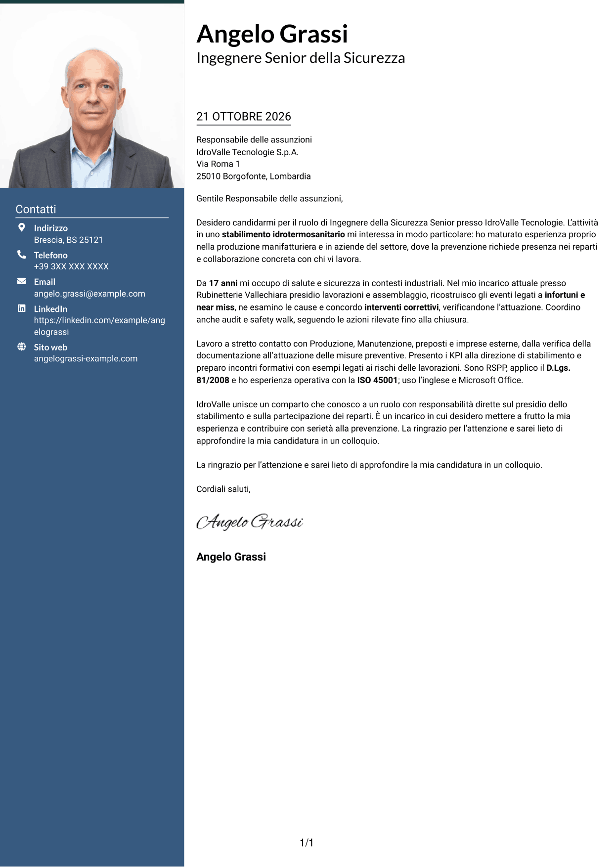 Lettera di presentazione Signature (formato con colonna laterale colorata e foto grande): Ingegnere della Sicurezza Senior - Sicurezza Industriale, pagina 1
