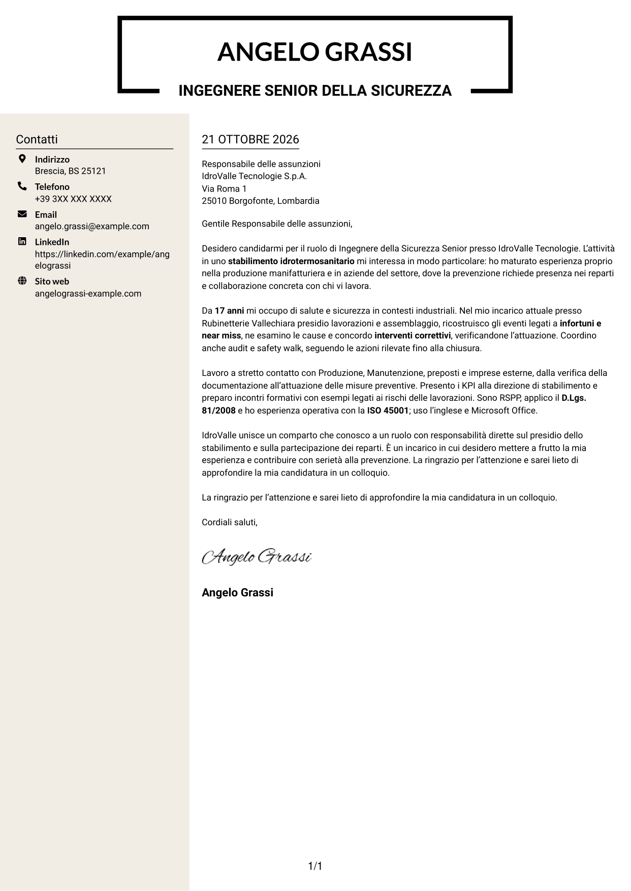 Lettera di presentazione Intraprendente (formato a due colonne con intestazione centrata senza foto): Ingegnere della Sicurezza Senior - Sicurezza Industriale, pagina 1