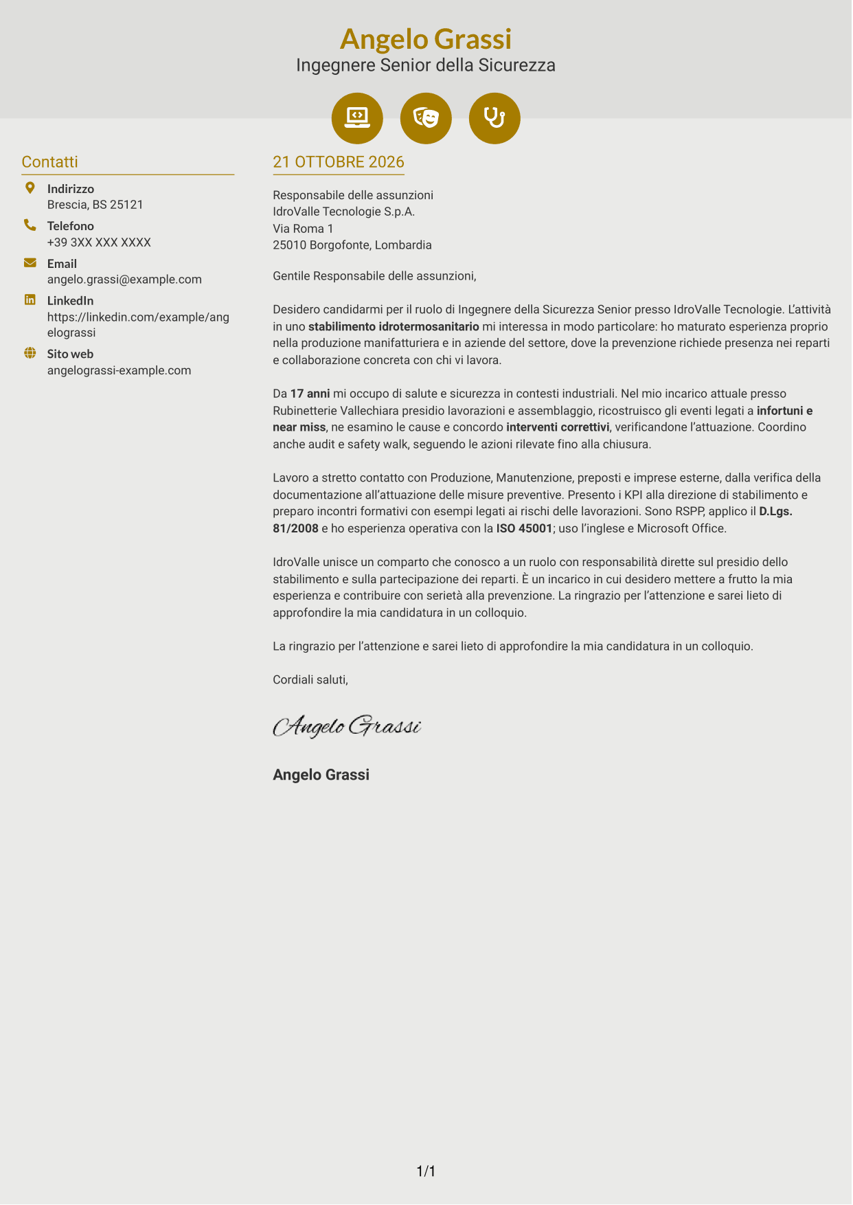 Lettera di presentazione Dinamico (formato a due colonne con icone): Ingegnere della Sicurezza Senior - Sicurezza Industriale, pagina 1