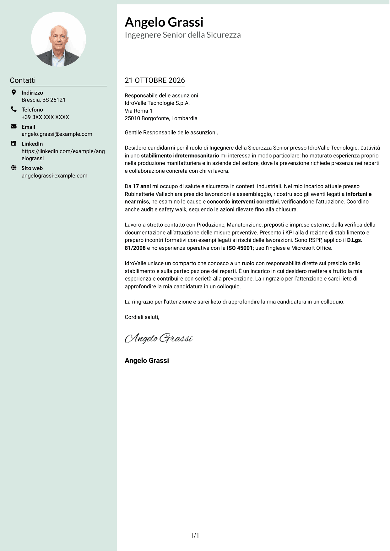 Lettera di presentazione Dirigente (formato con colonna laterale tenue e foto arrotondata): Ingegnere della Sicurezza Senior - Sicurezza Industriale, pagina 1