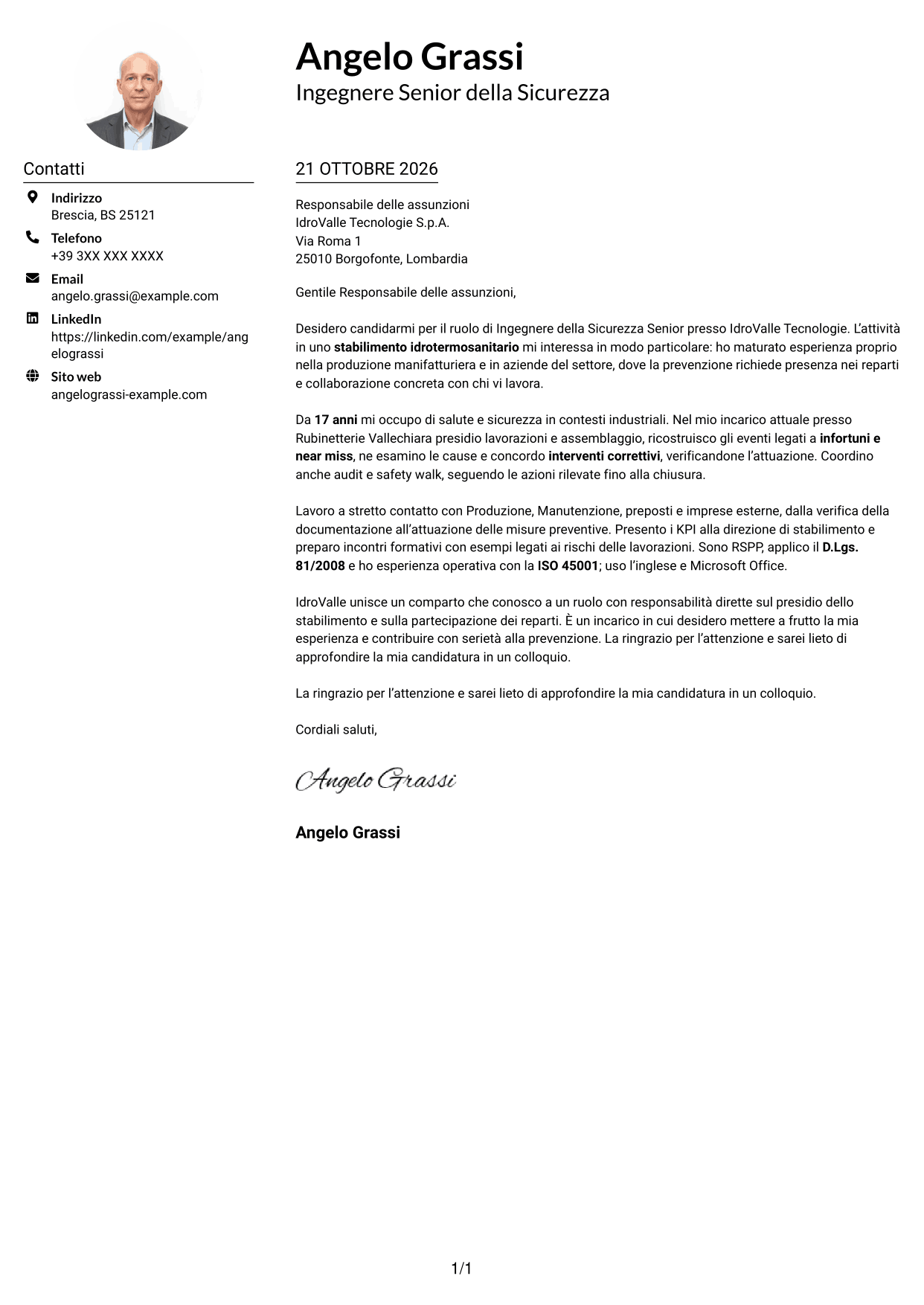 Esempio di lettera di presentazione — pagina 1