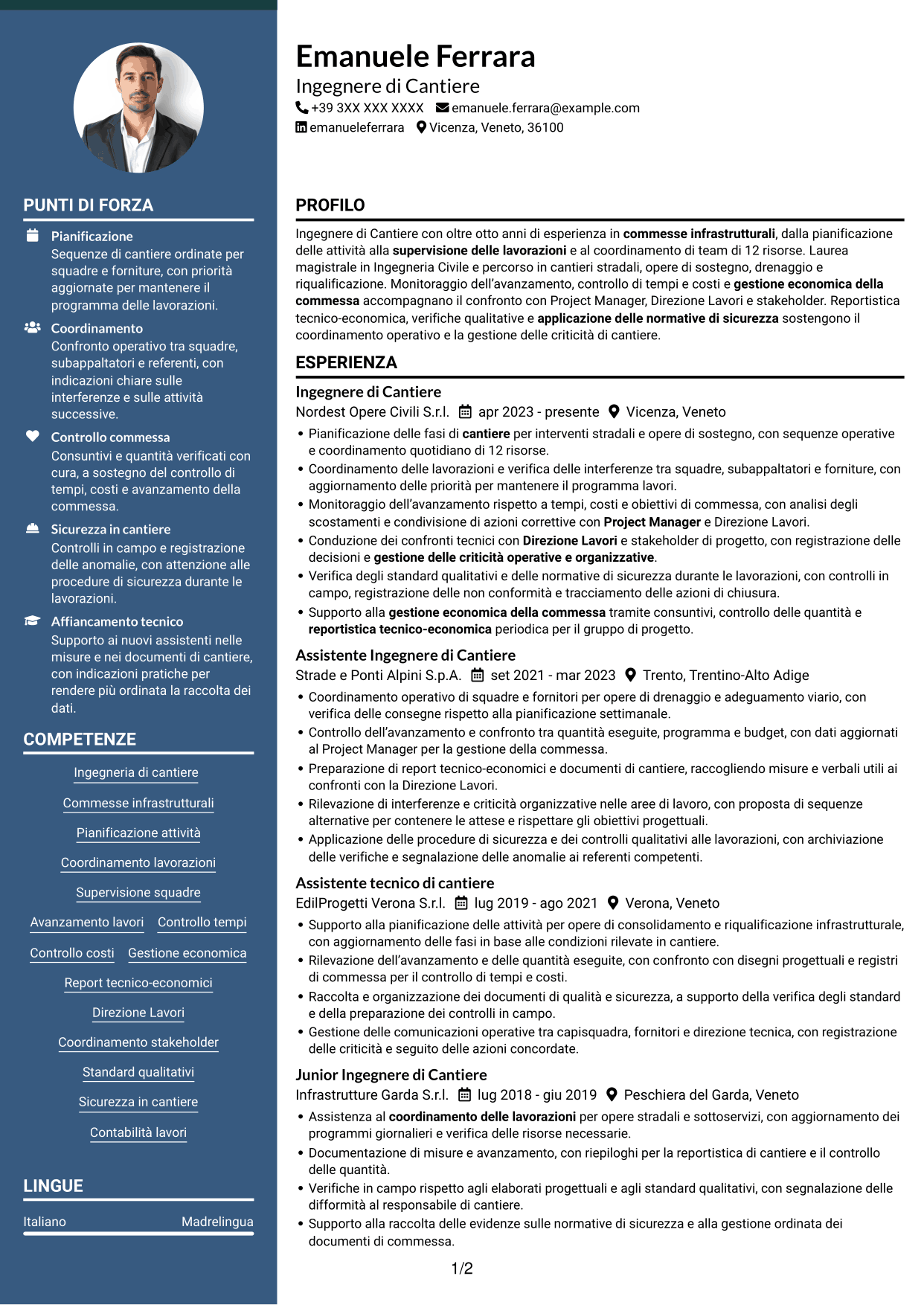 CV Elegante (formato con colonna laterale colorata e foto): Ingegnere di Cantiere Infrastrutture, pagina 1