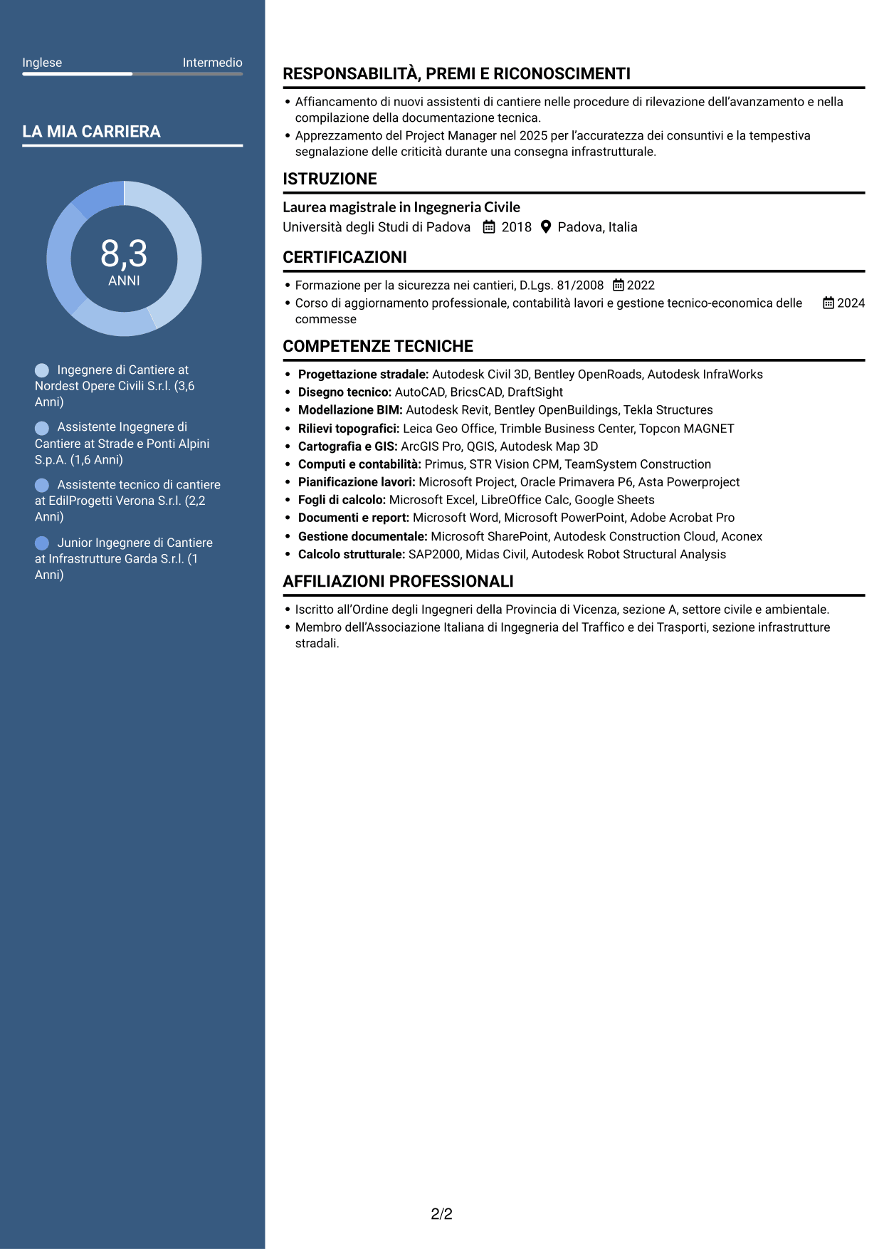 CV Elegante (formato con colonna laterale colorata e foto): Ingegnere di Cantiere Infrastrutture, pagina 2