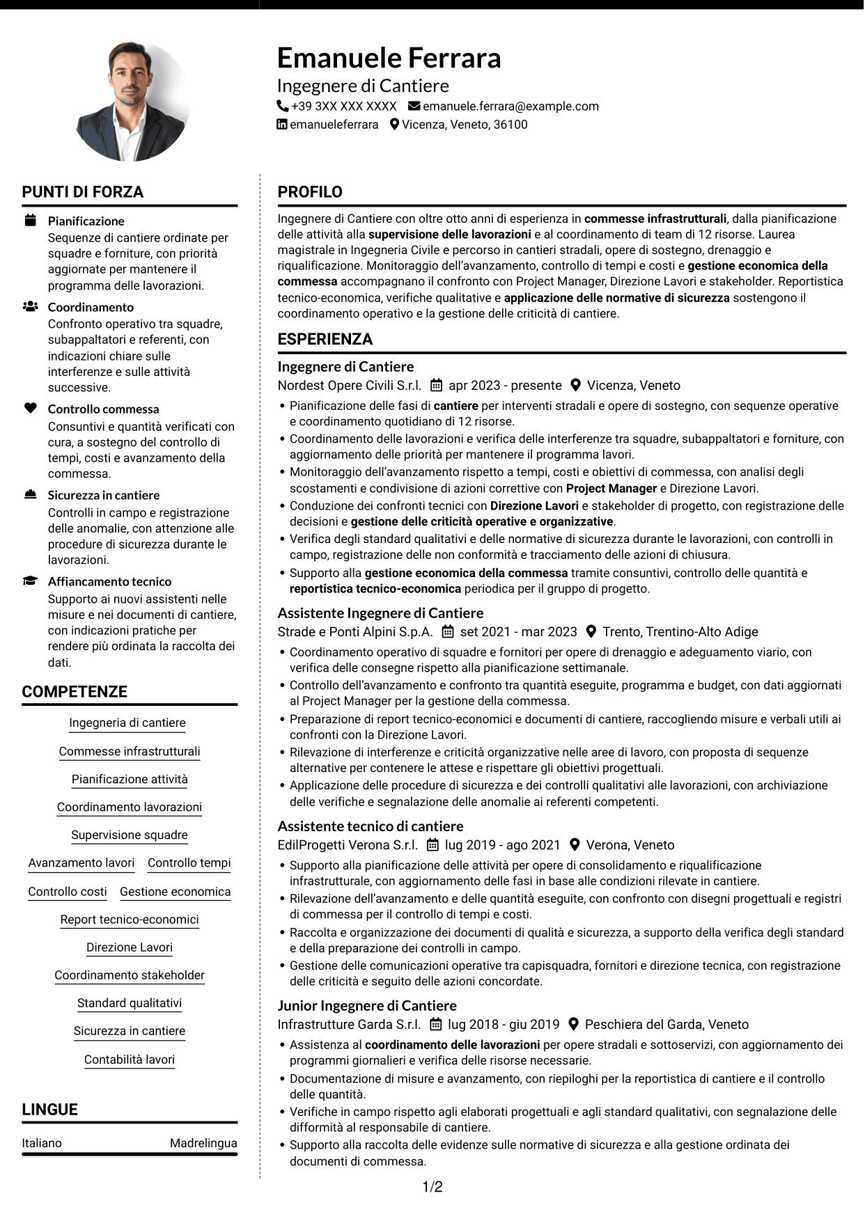 CV Moderno (formato a due colonne con foto a sinistra e separatore): Ingegnere di Cantiere Infrastrutture, pagina 1