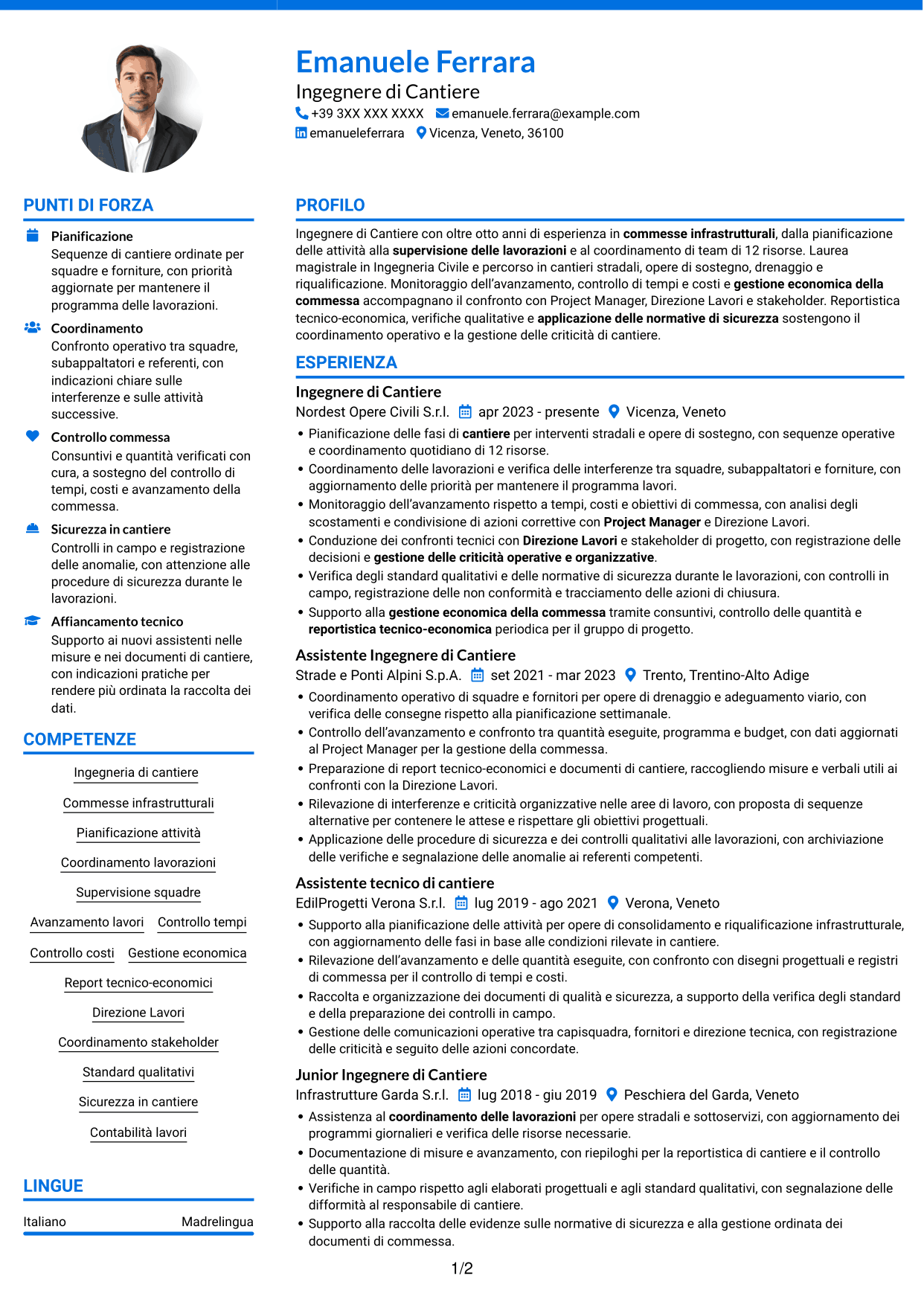 CV Audace (formato a due colonne con accenti colorati e foto): Ingegnere di Cantiere Infrastrutture, pagina 1