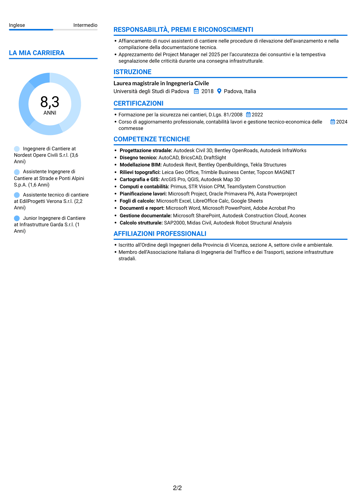 CV Audace (formato a due colonne con accenti colorati e foto): Ingegnere di Cantiere Infrastrutture, pagina 2