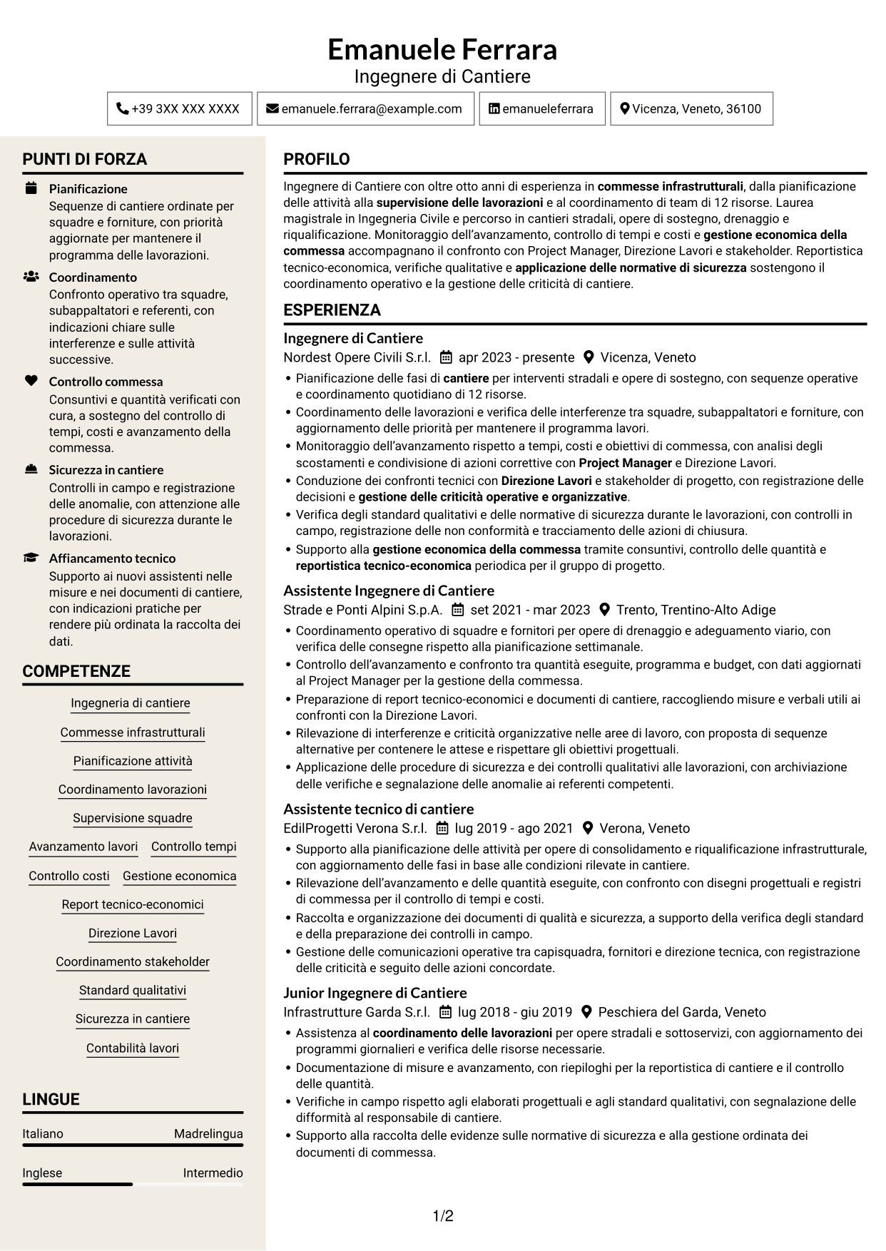 CV Intraprendente (formato a due colonne con intestazione centrata senza foto): Ingegnere di Cantiere Infrastrutture, pagina 1
