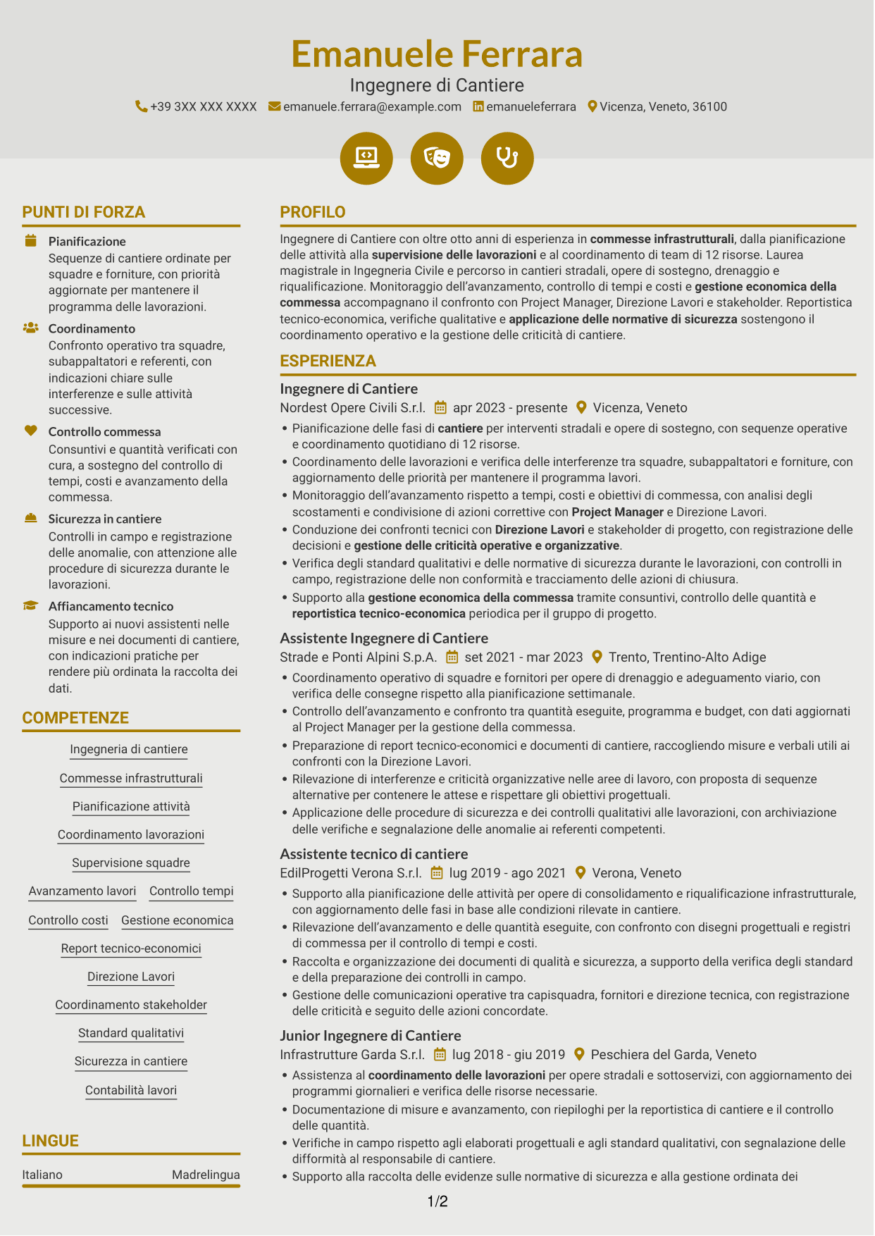 CV Dinamico (formato a due colonne con icone): Ingegnere di Cantiere Infrastrutture, pagina 1