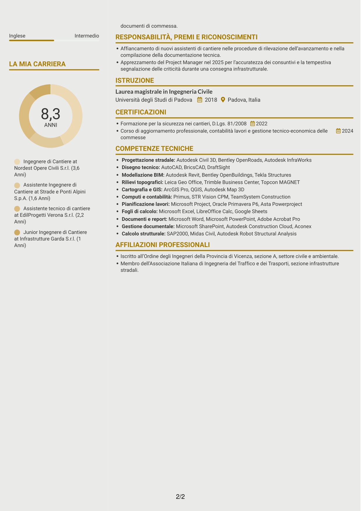 CV Dinamico (formato a due colonne con icone): Ingegnere di Cantiere Infrastrutture, pagina 2