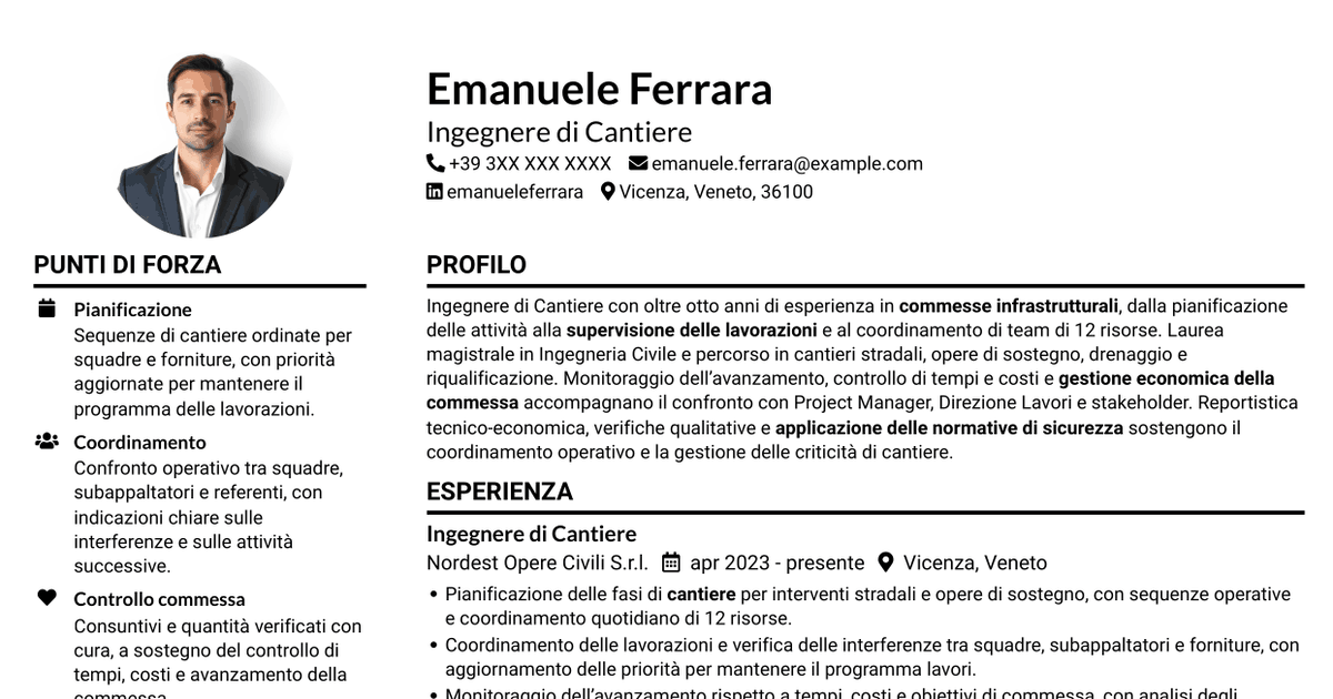 7 modelli di CV per Ingegnere di Cantiere Infrastrutture, con esempi