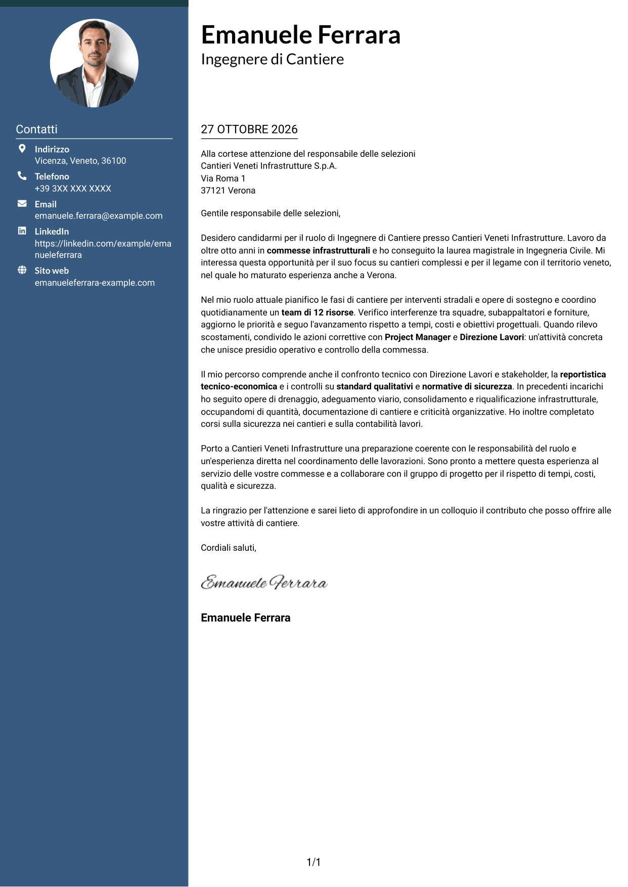Lettera di presentazione Elegante (formato con colonna laterale colorata e foto): Ingegnere di Cantiere Infrastrutture, pagina 1