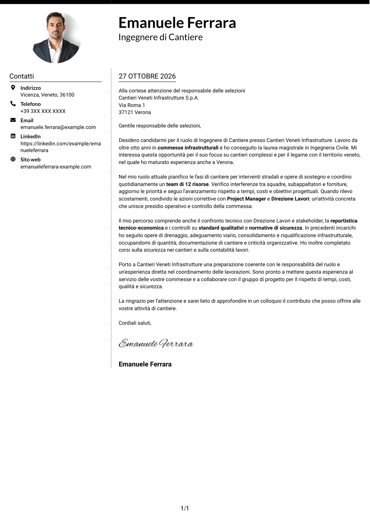 Lettera di presentazione Moderno (formato a due colonne con foto a sinistra e separatore): Ingegnere di Cantiere Infrastrutture, pagina 1