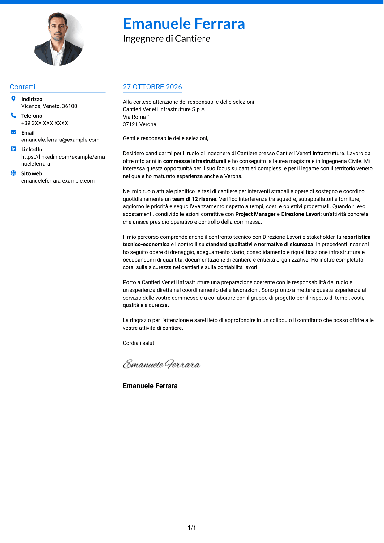 Lettera di presentazione Audace (formato a due colonne con accenti colorati e foto): Ingegnere di Cantiere Infrastrutture, pagina 1