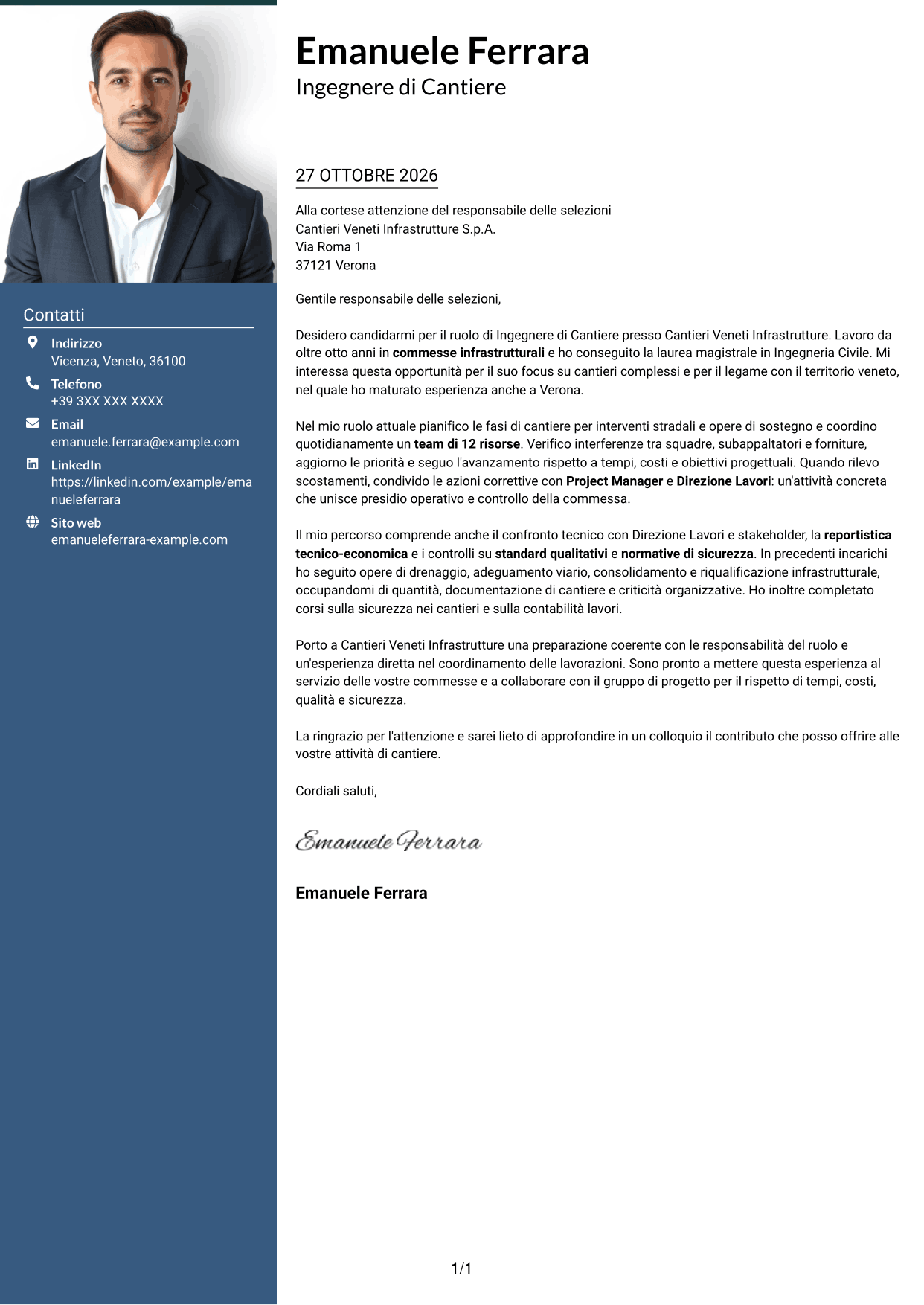 Lettera di presentazione Signature (formato con colonna laterale colorata e foto grande): Ingegnere di Cantiere Infrastrutture, pagina 1