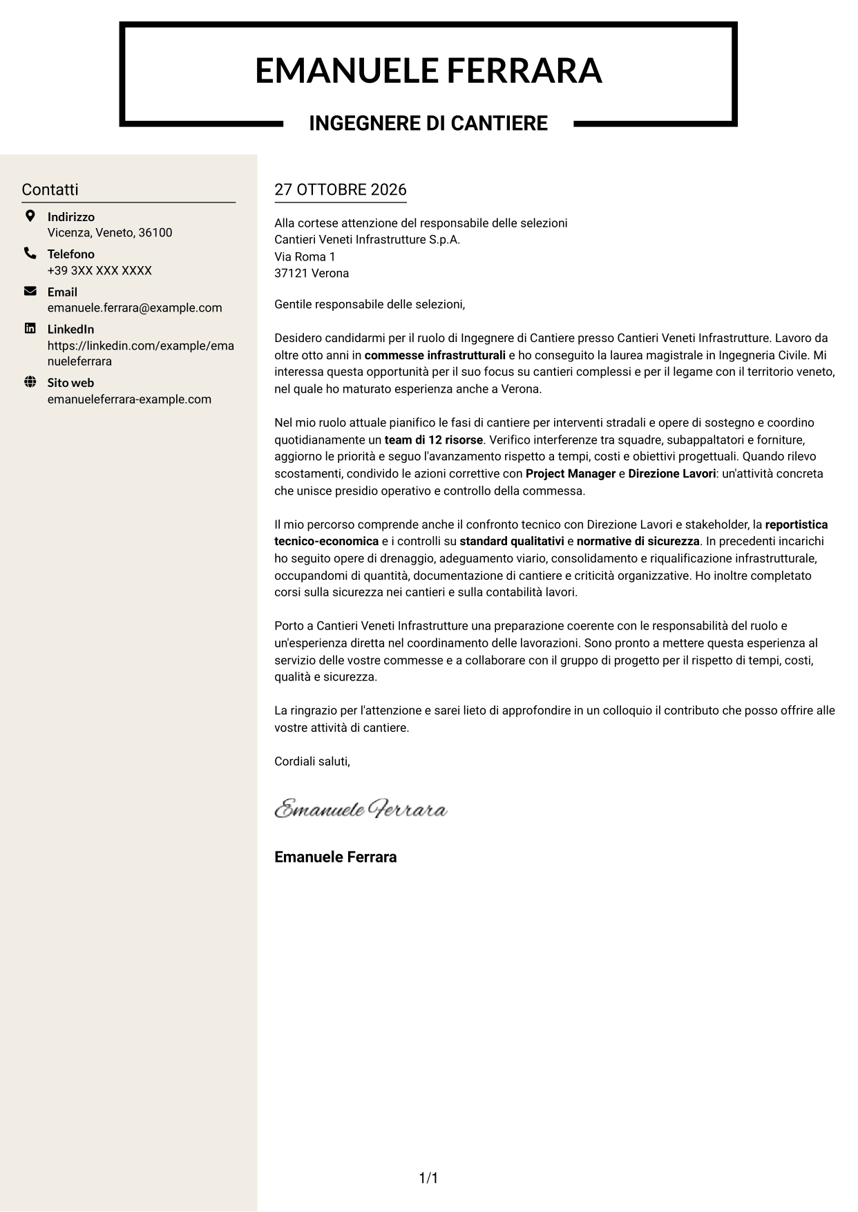 Lettera di presentazione Intraprendente (formato a due colonne con intestazione centrata senza foto): Ingegnere di Cantiere Infrastrutture, pagina 1