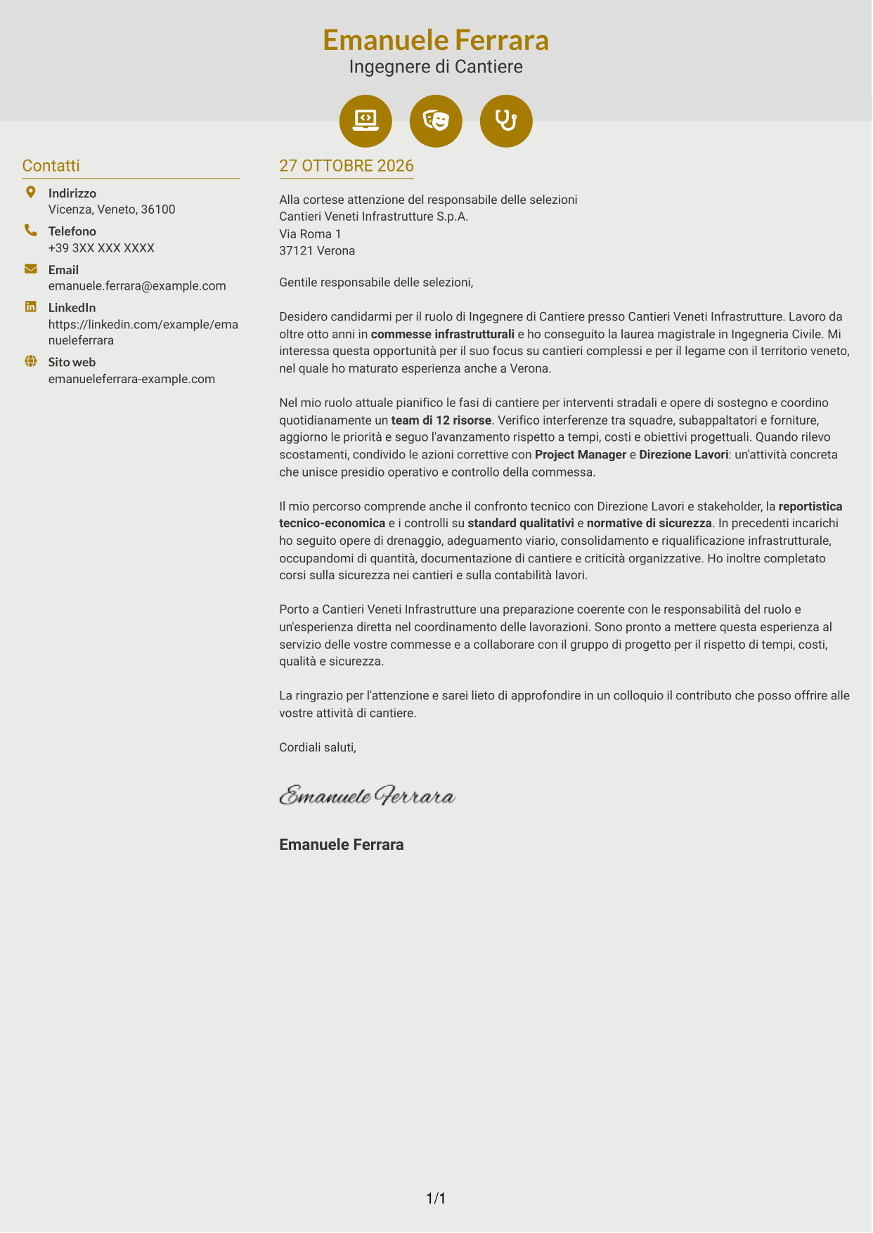 Lettera di presentazione Dinamico (formato a due colonne con icone): Ingegnere di Cantiere Infrastrutture, pagina 1