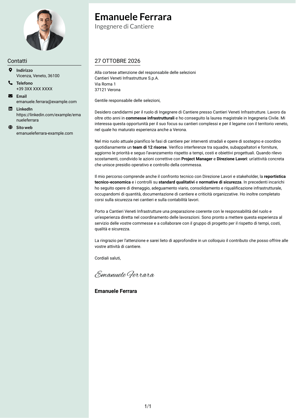Lettera di presentazione Dirigente (formato con colonna laterale tenue e foto arrotondata): Ingegnere di Cantiere Infrastrutture, pagina 1