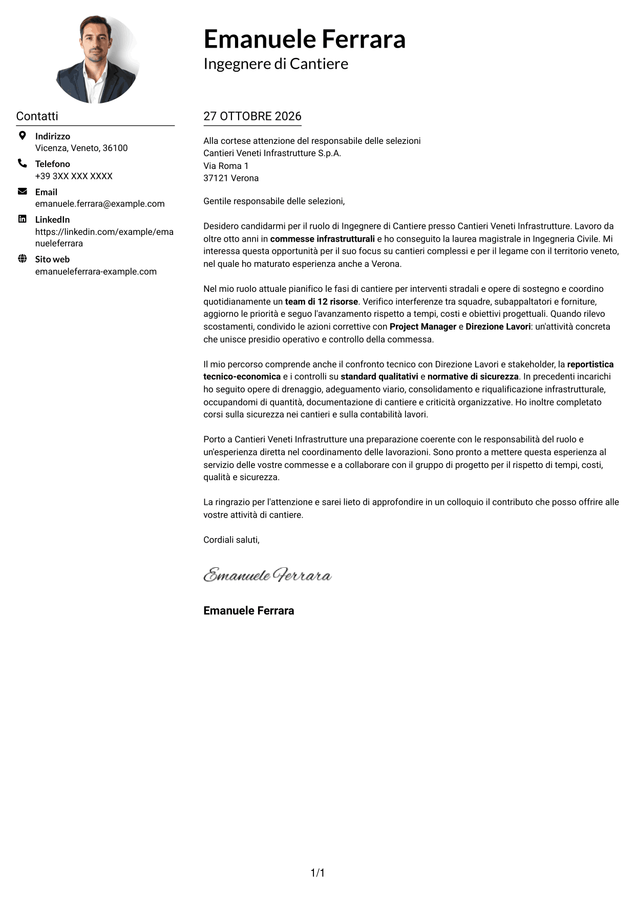 Esempio di lettera di presentazione — pagina 1
