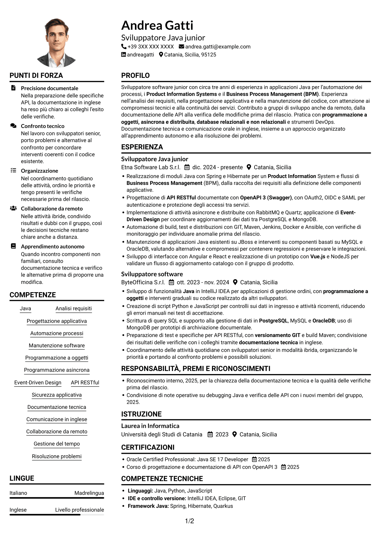 Esempio di curriculum — pagina 1