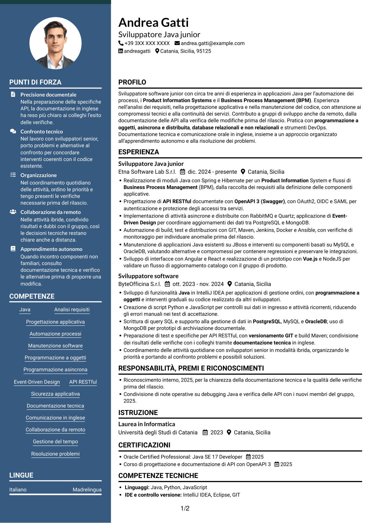 CV Elegante (formato con colonna laterale colorata e foto): Ingegnere di sviluppo junior - Automazione dei processi, pagina 1