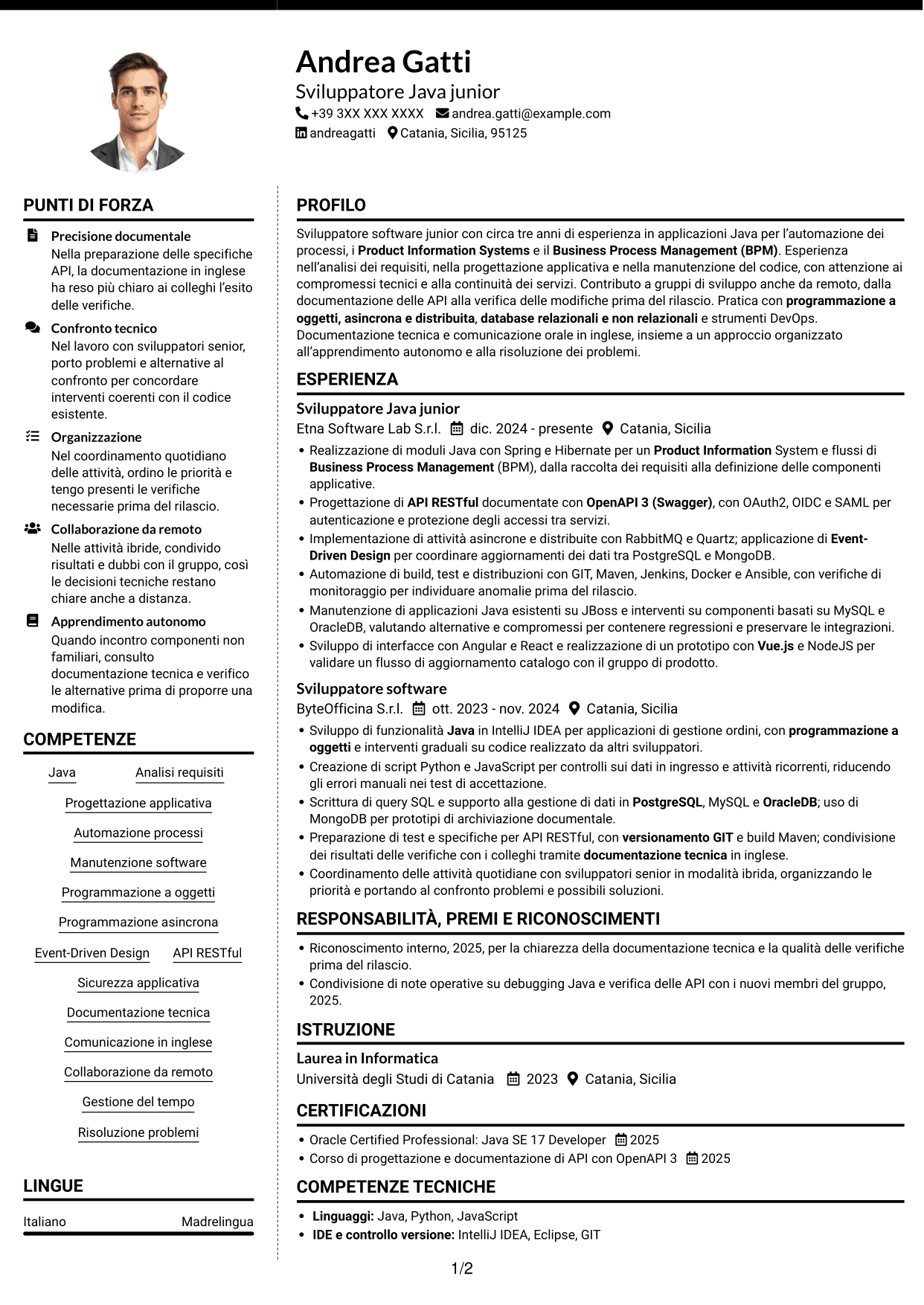 CV Moderno (formato a due colonne con foto a sinistra e separatore): Ingegnere di sviluppo junior - Automazione dei processi, pagina 1