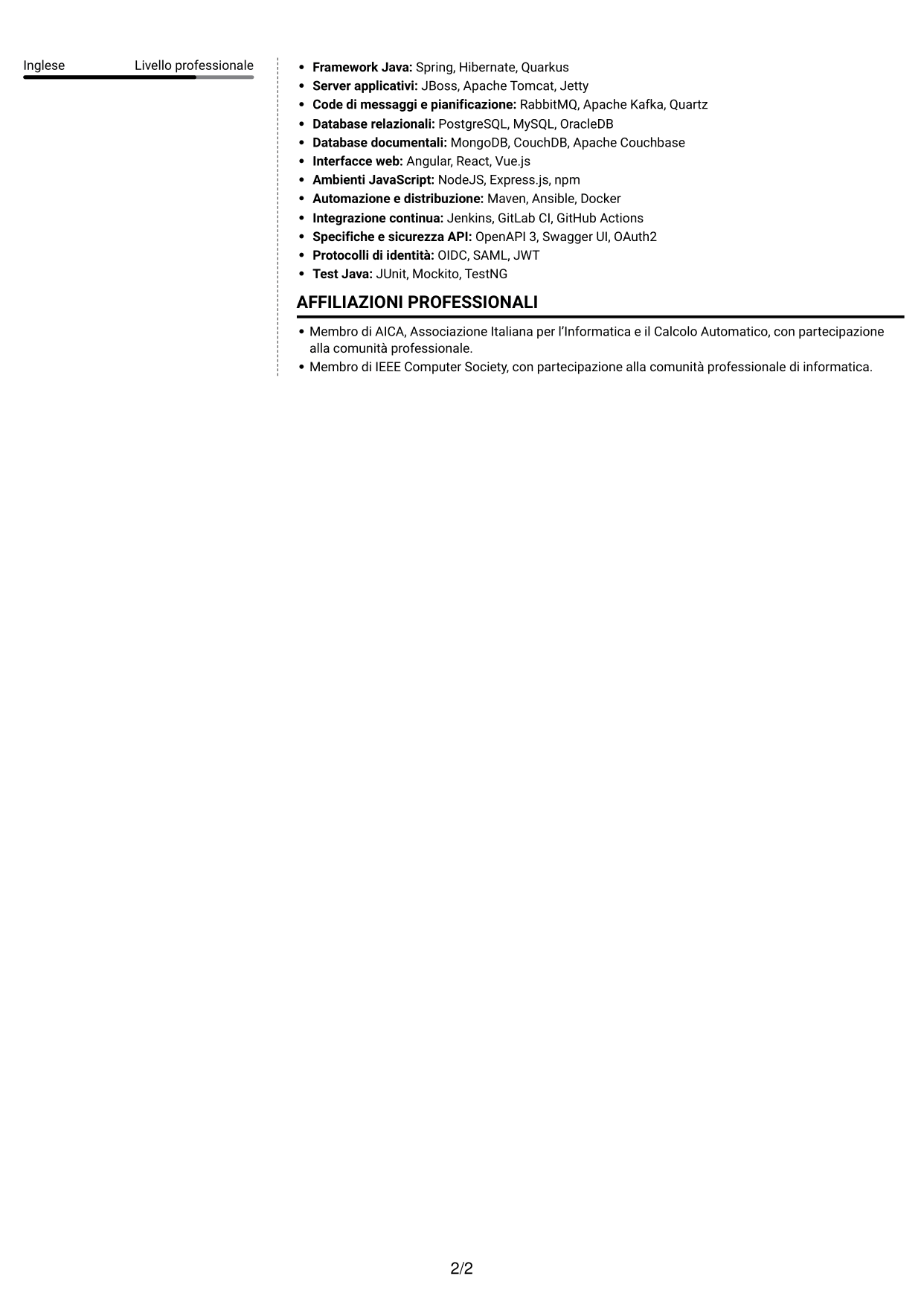 CV Moderno (formato a due colonne con foto a sinistra e separatore): Ingegnere di sviluppo junior - Automazione dei processi, pagina 2