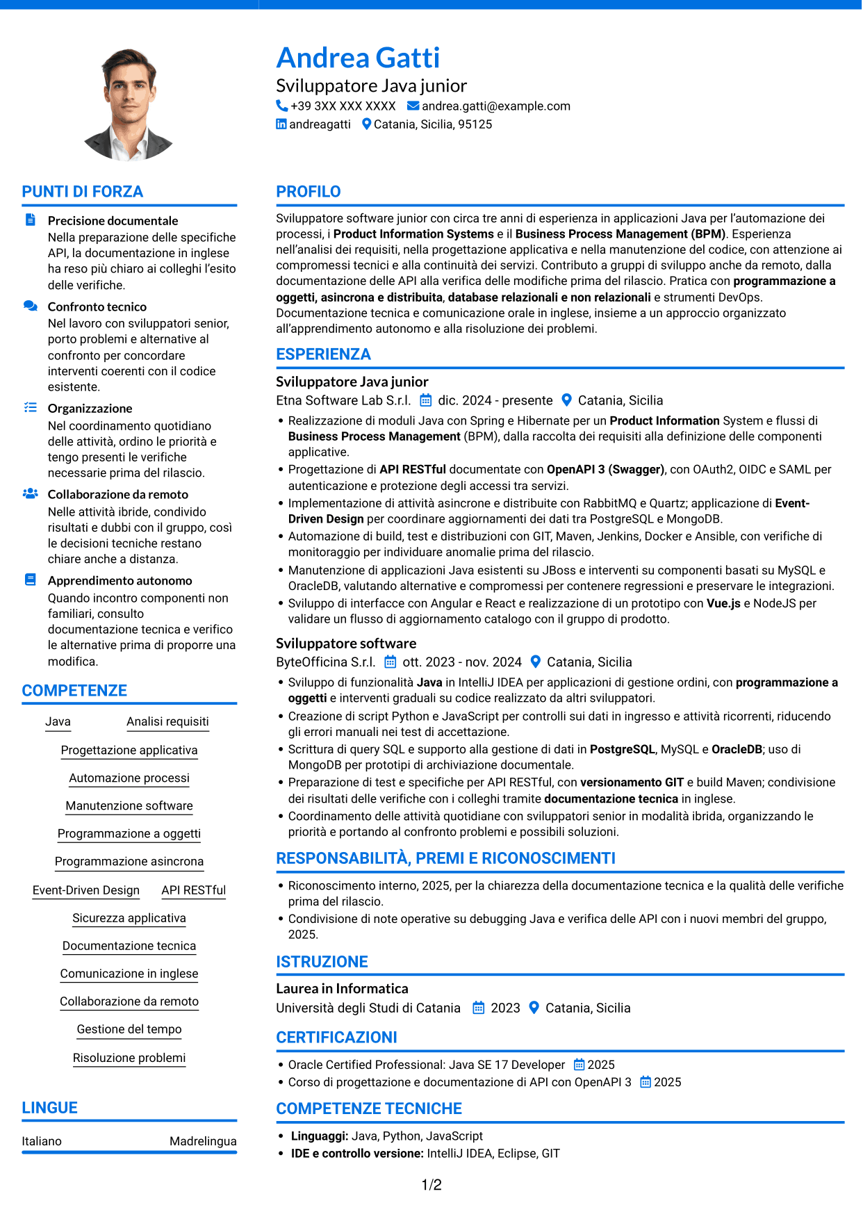 CV Audace (formato a due colonne con accenti colorati e foto): Ingegnere di sviluppo junior - Automazione dei processi, pagina 1