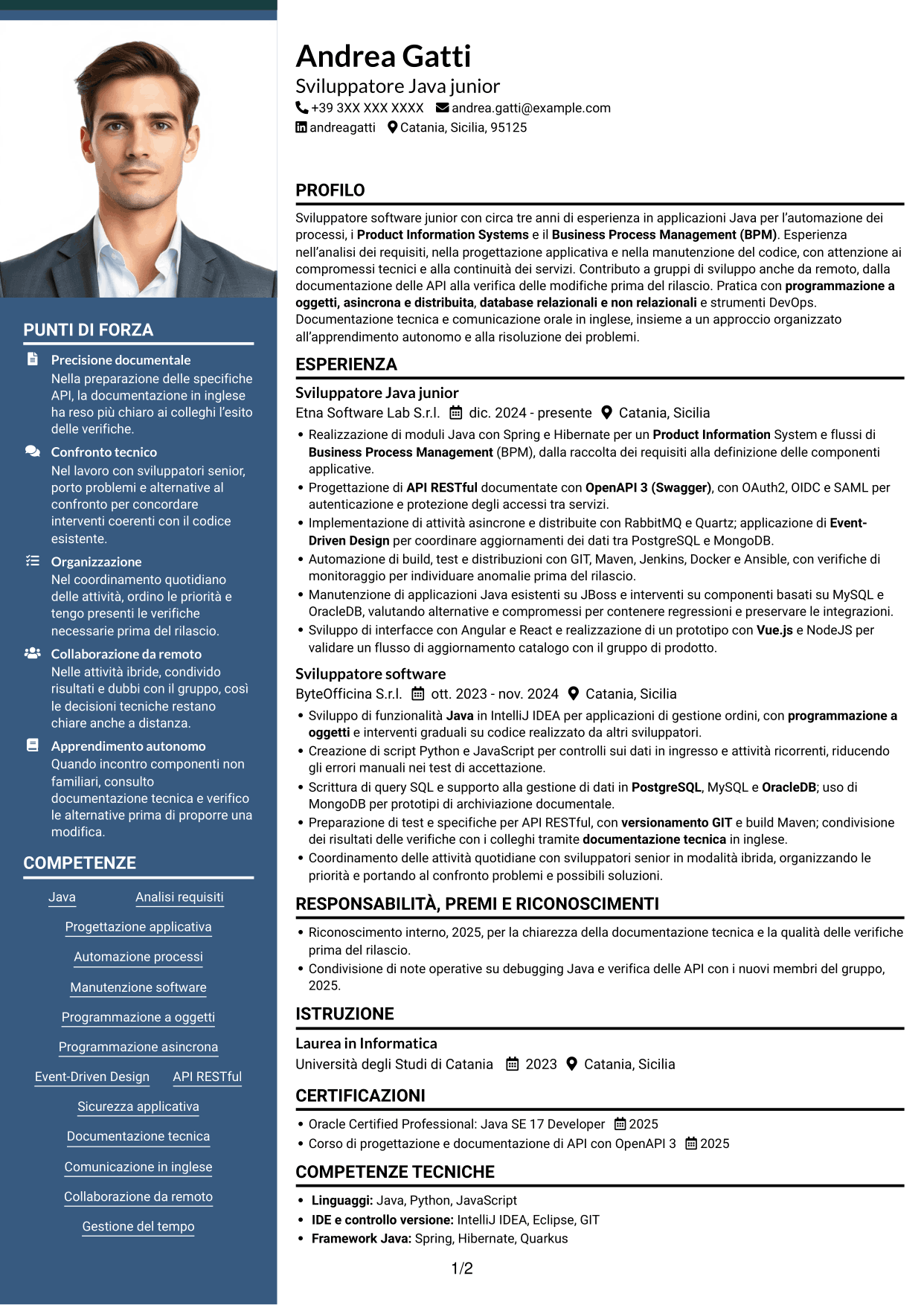 CV Signature (formato con colonna laterale colorata e foto grande): Ingegnere di sviluppo junior - Automazione dei processi, pagina 1