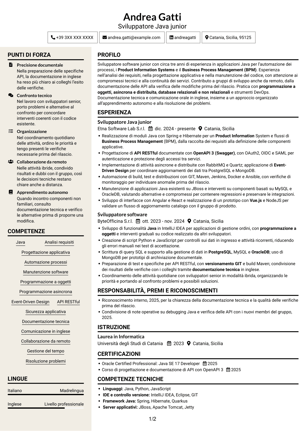 CV Intraprendente (formato a due colonne con intestazione centrata senza foto): Ingegnere di sviluppo junior - Automazione dei processi, pagina 1