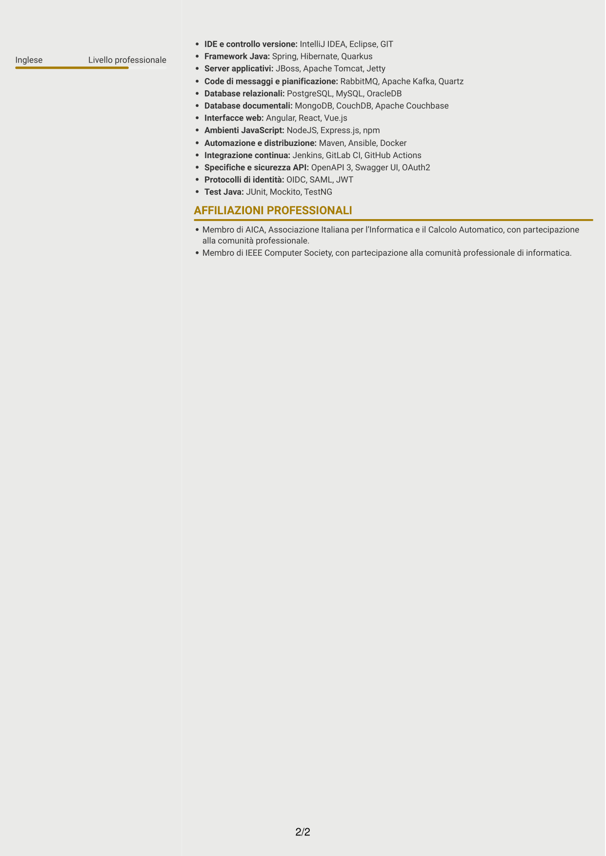 CV Dinamico (formato a due colonne con icone): Ingegnere di sviluppo junior - Automazione dei processi, pagina 2