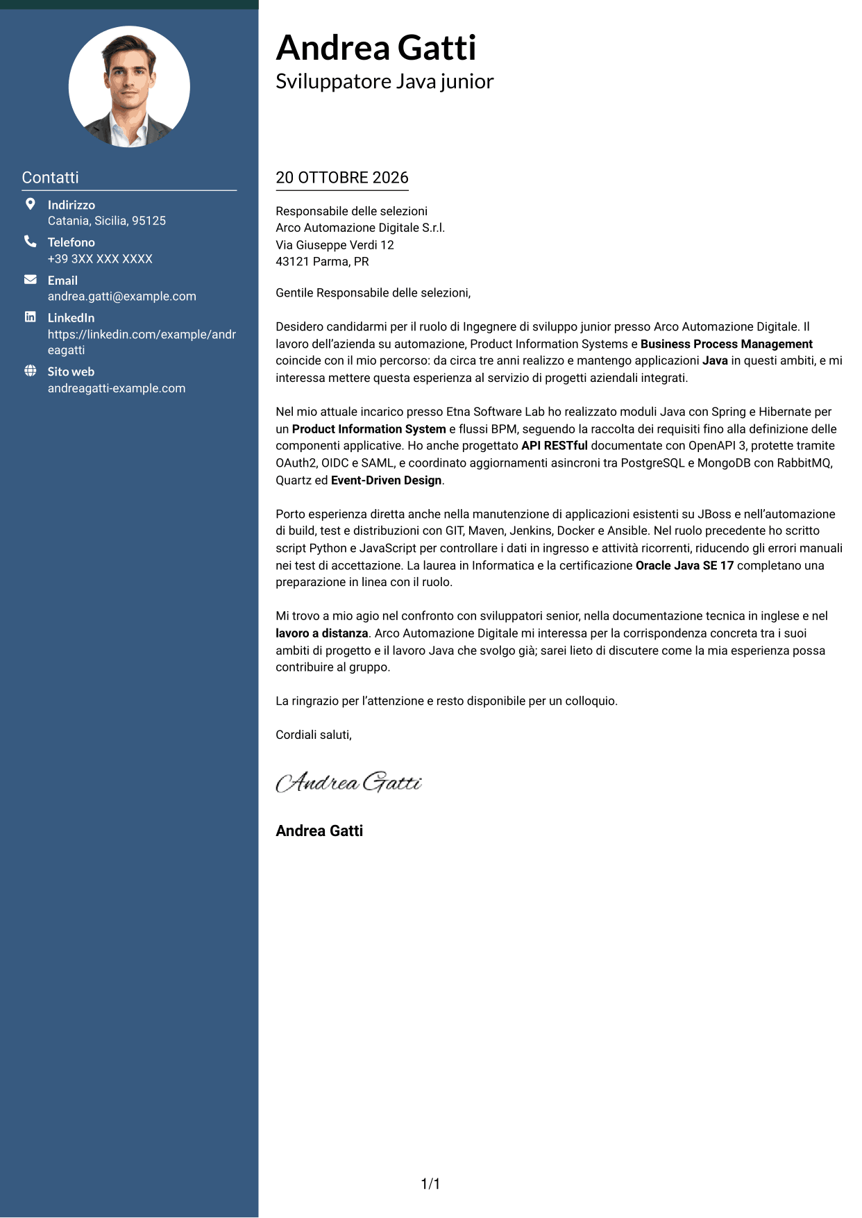 Lettera di presentazione Elegante (formato con colonna laterale colorata e foto): Ingegnere di sviluppo junior - Automazione dei processi, pagina 1